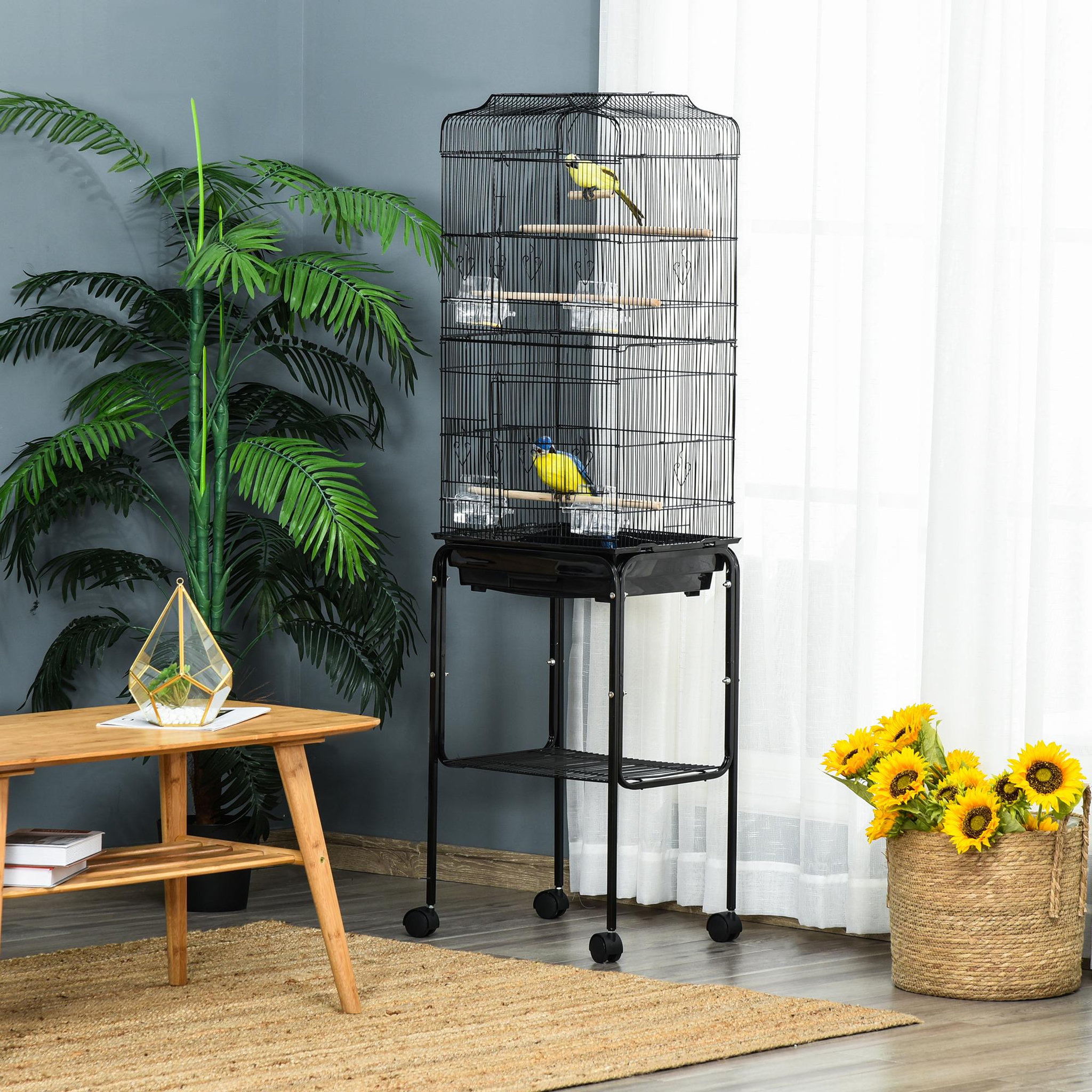 Voir la diapositive 4 : PAWHUT Cage à oiseaux sur pied volière mobile toit ouvrant 3 perchoirs étagère 46 x 36 x 157 cm