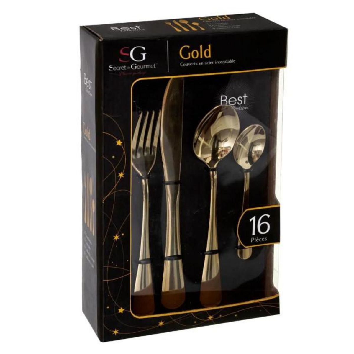SECRET DE GOURMET Ménagère design inox Gold - 16 Pièces - Doré