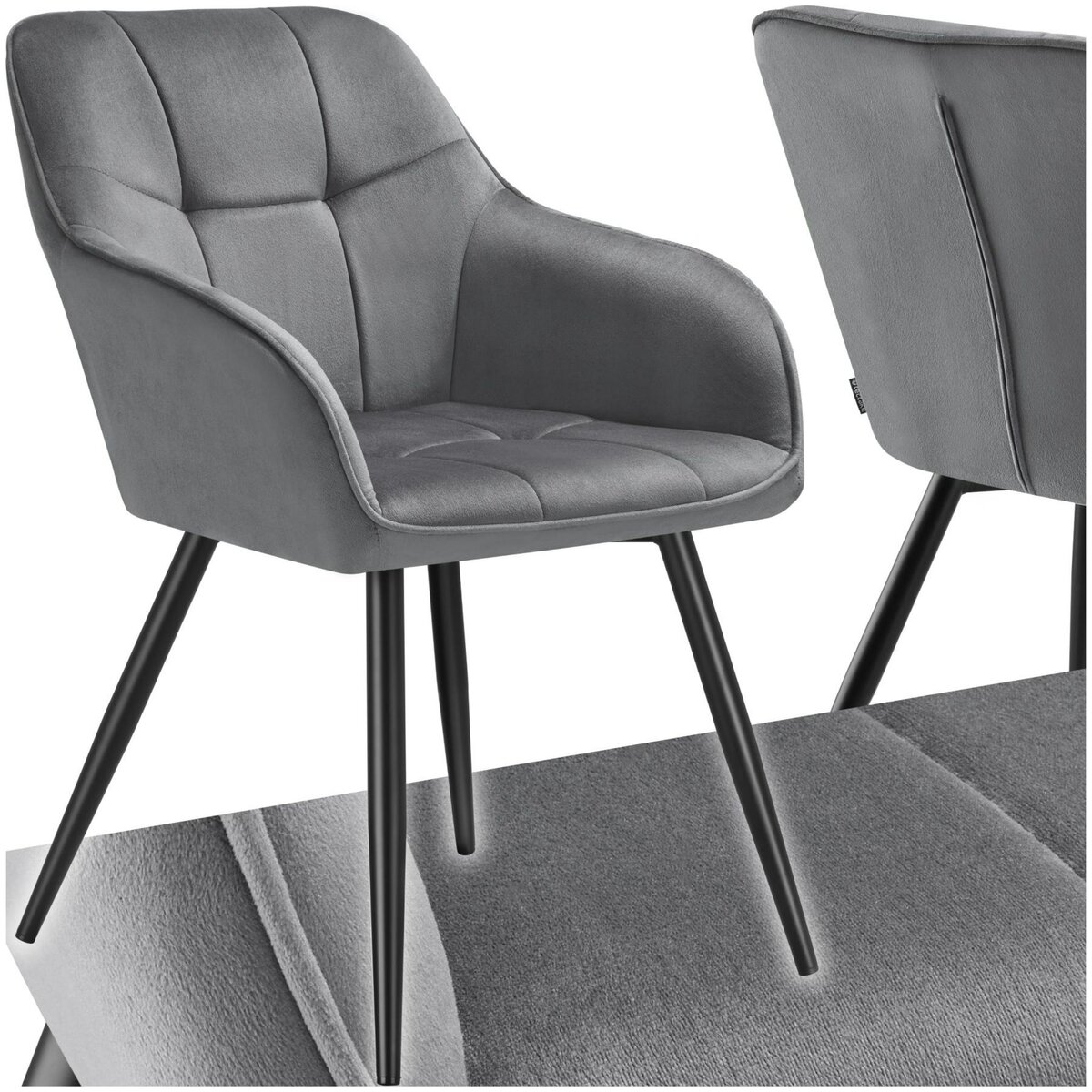 tectake Chaise de salle à manger rembourrée et en velours matelassé gris/noir
