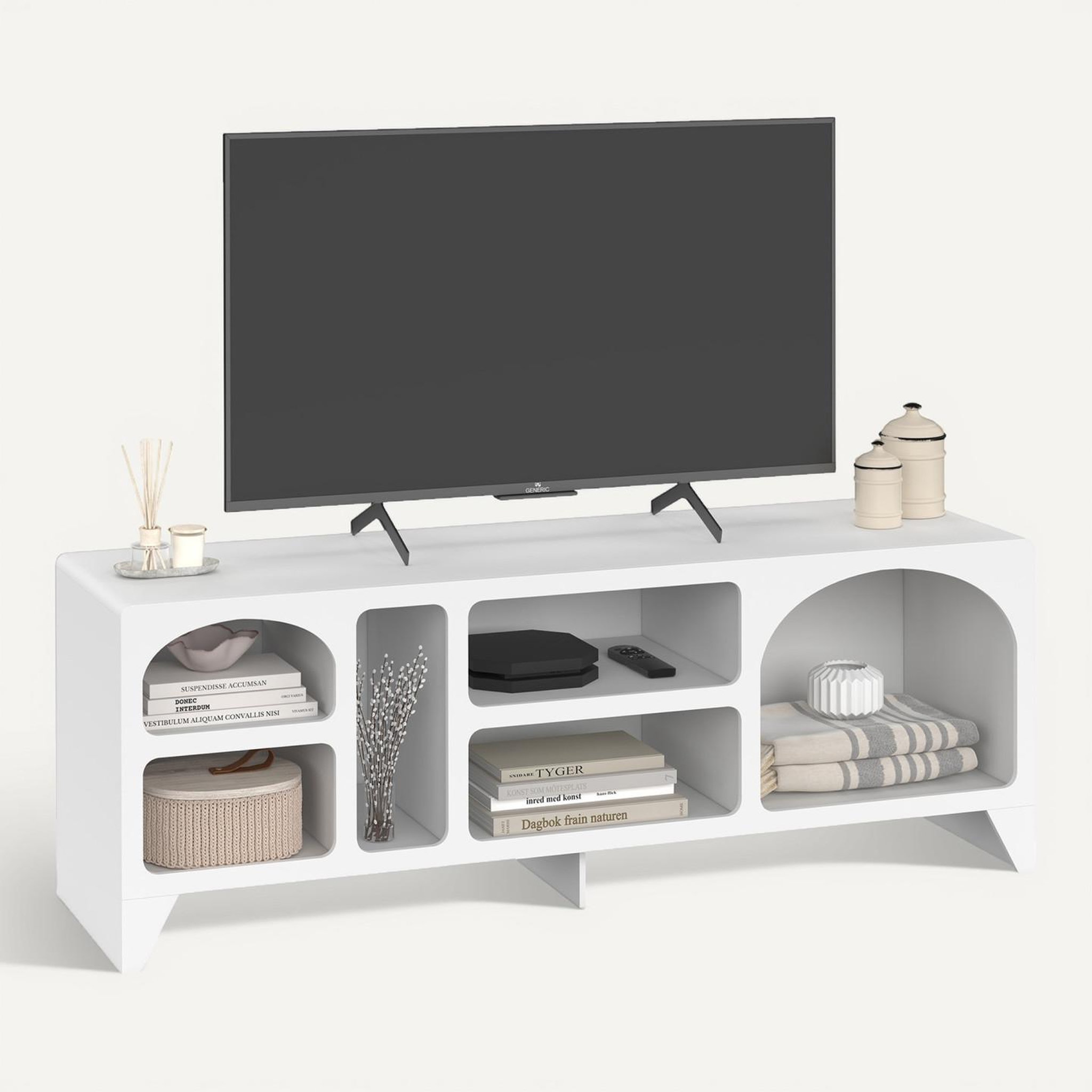 Voir la diapositive 6 : ID MARKET Meuble tv 140 cm organique alesia 6 niches bois blanc