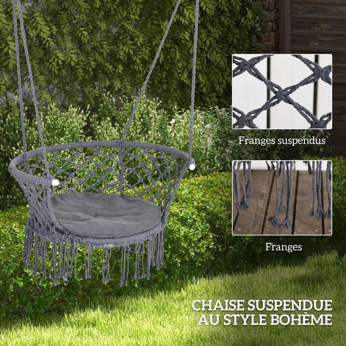 OUTSUNNY Chaise suspendue hamac de voyage portable dim. 80L x 60l x 36H m macramé coton polyester gris