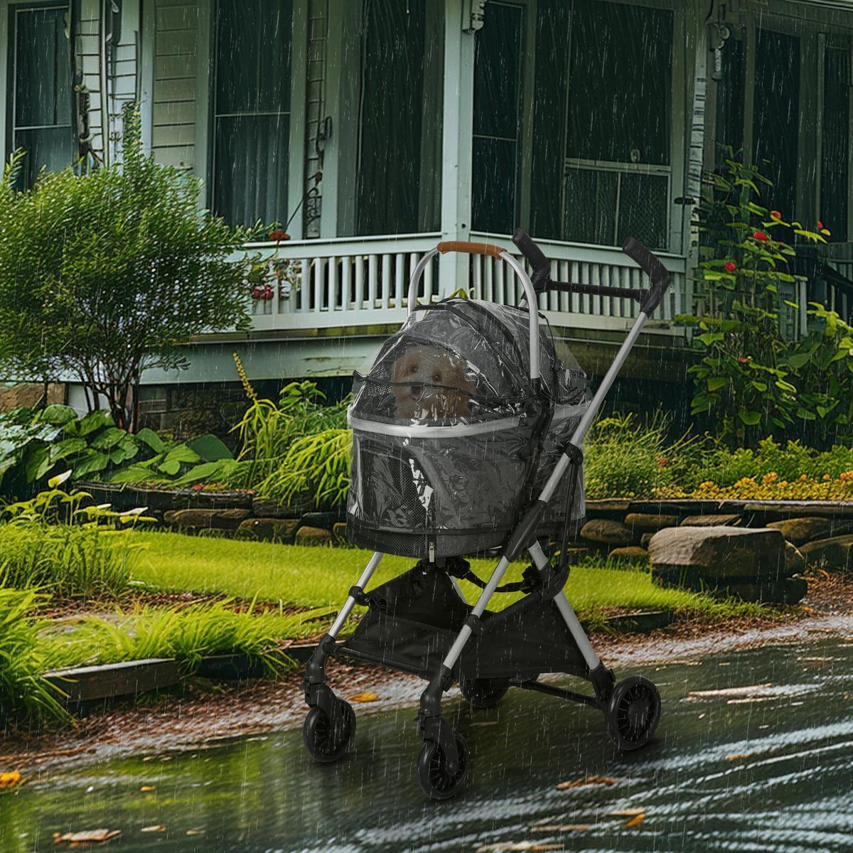PAWHUT Poussette pour chien pliable nacelle 2 en 1 - habillage pluie, panier, poignée, housse réglable - alu oxford gris