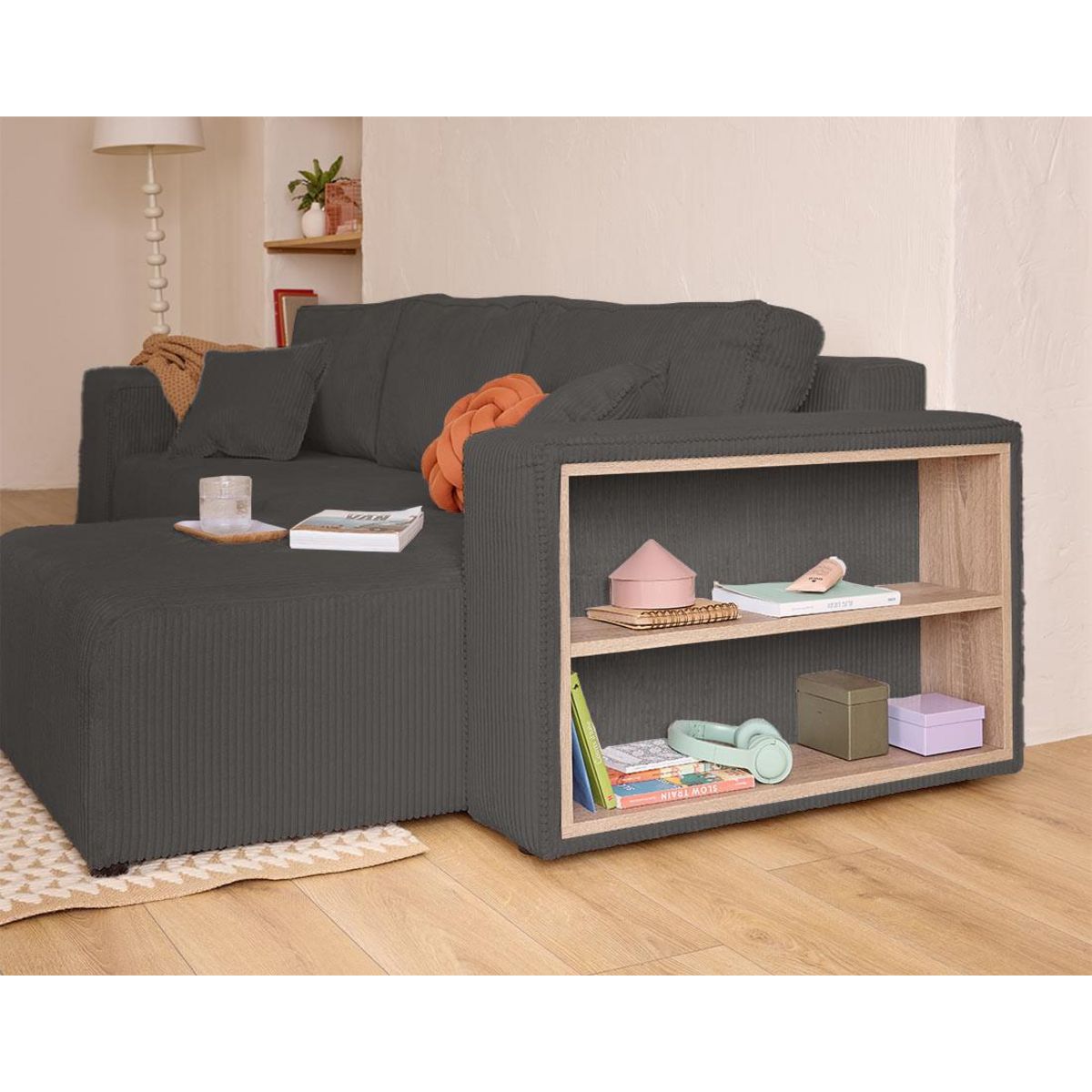 BEST MOBILIER Topaze - canapé d'angle réversible 4 places - convertible avec coffre, tablette et poufs - en velours côtelé