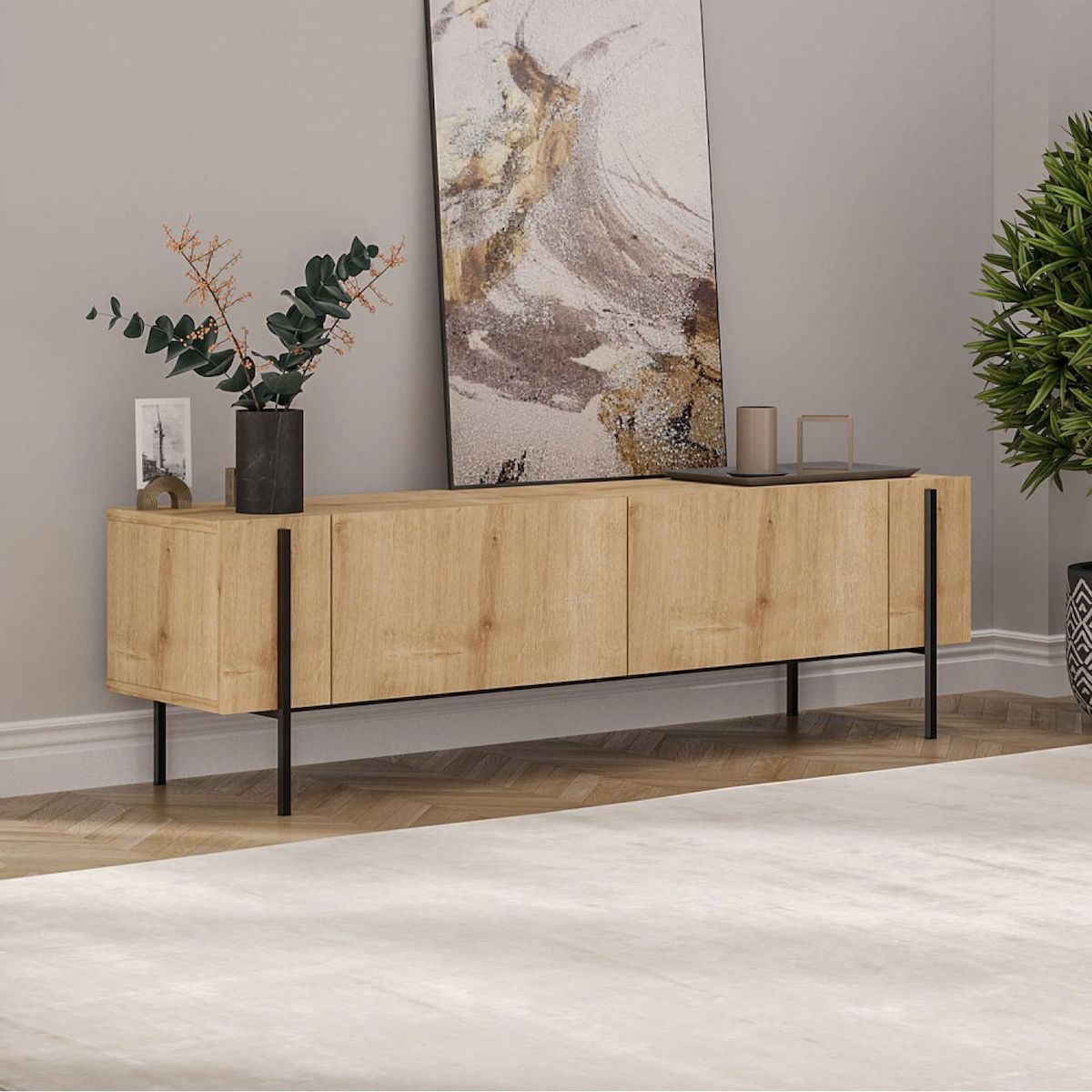 CONCEPT USINE Meuble TV avec placards bois et détails noirs 160cm FRENA