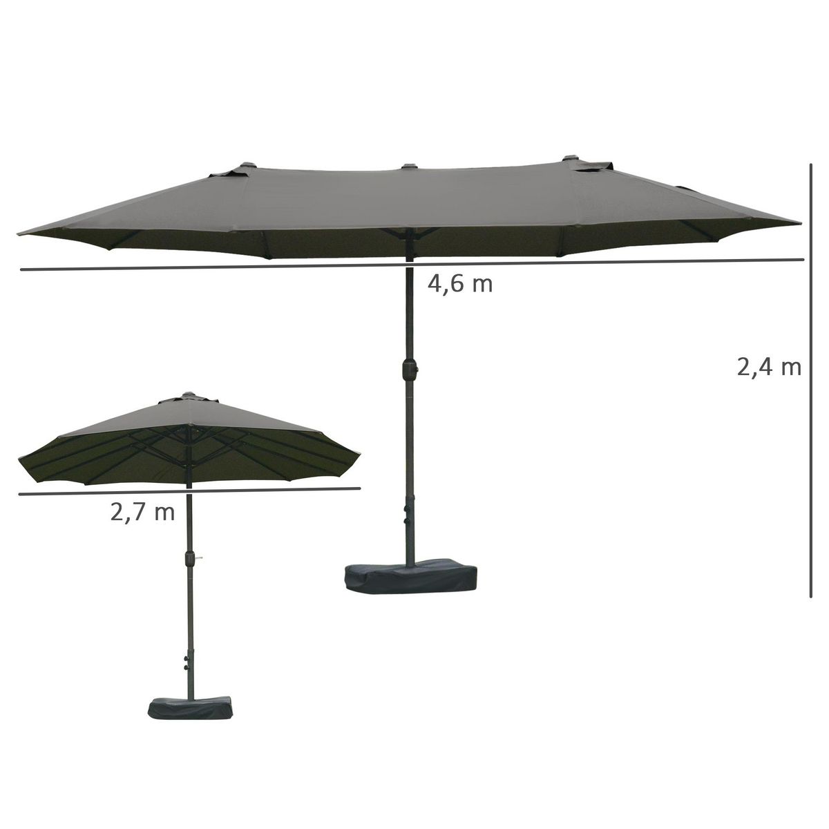 OUTSUNNY Parasol de jardin XXL dim. 4,6L x 2,7l x 2,4H m ouverture fermeture manivelle pied & contrepoids inclus acier polyester haute densité gris