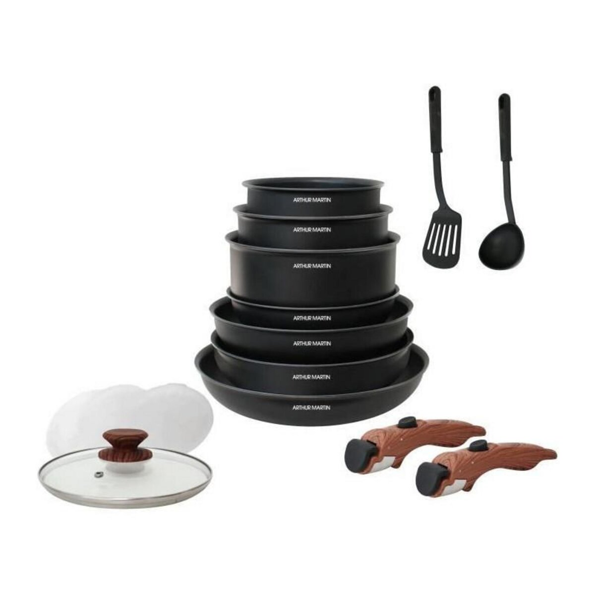 Arthur Martin Arthur Martin AM1502 Batterie de cuisine 15 pieces - poignee amovible effet bois - tous feux dont induction