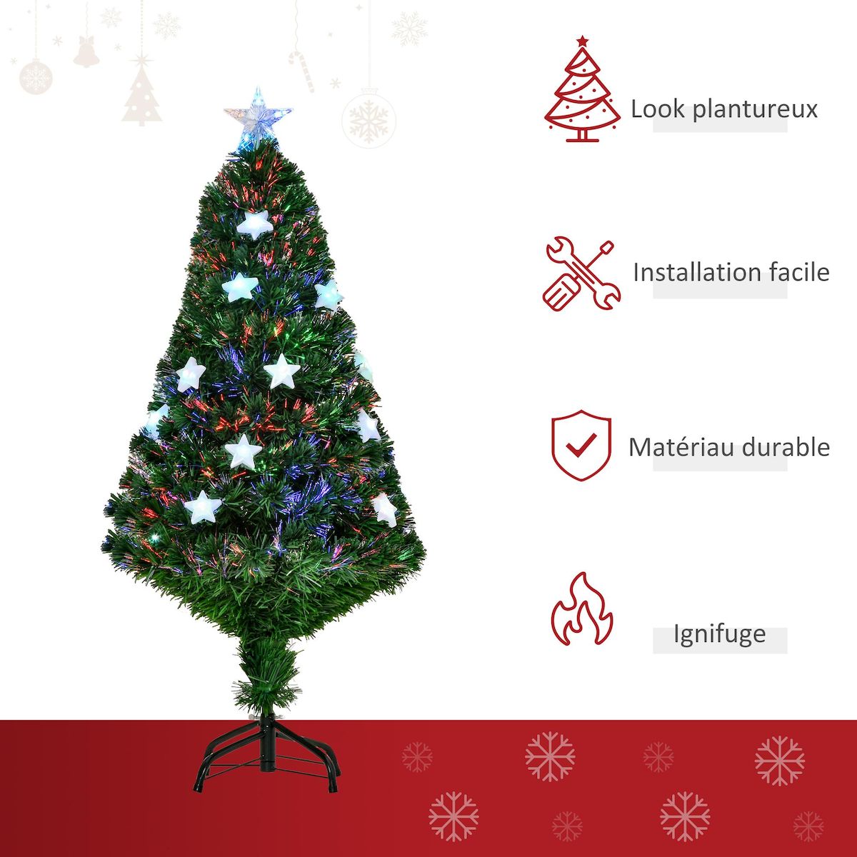HOMCOM Sapin de Noël artificiel lumineux fibre optique LED multicolore + support pied Ø 60 x 120H cm 130 branches étoile sommet brillante vert