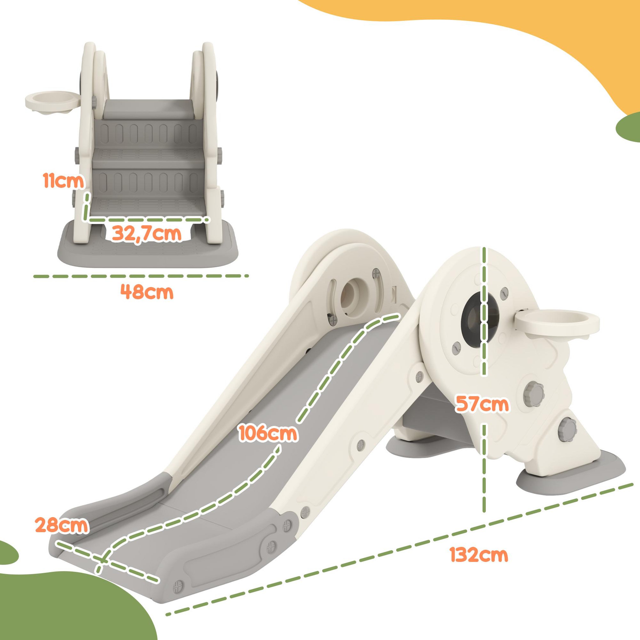 Voir la diapositive 3 : HOMCOM Toboggan enfant pliable panier de basket 2 en 1 HDPE crème gris