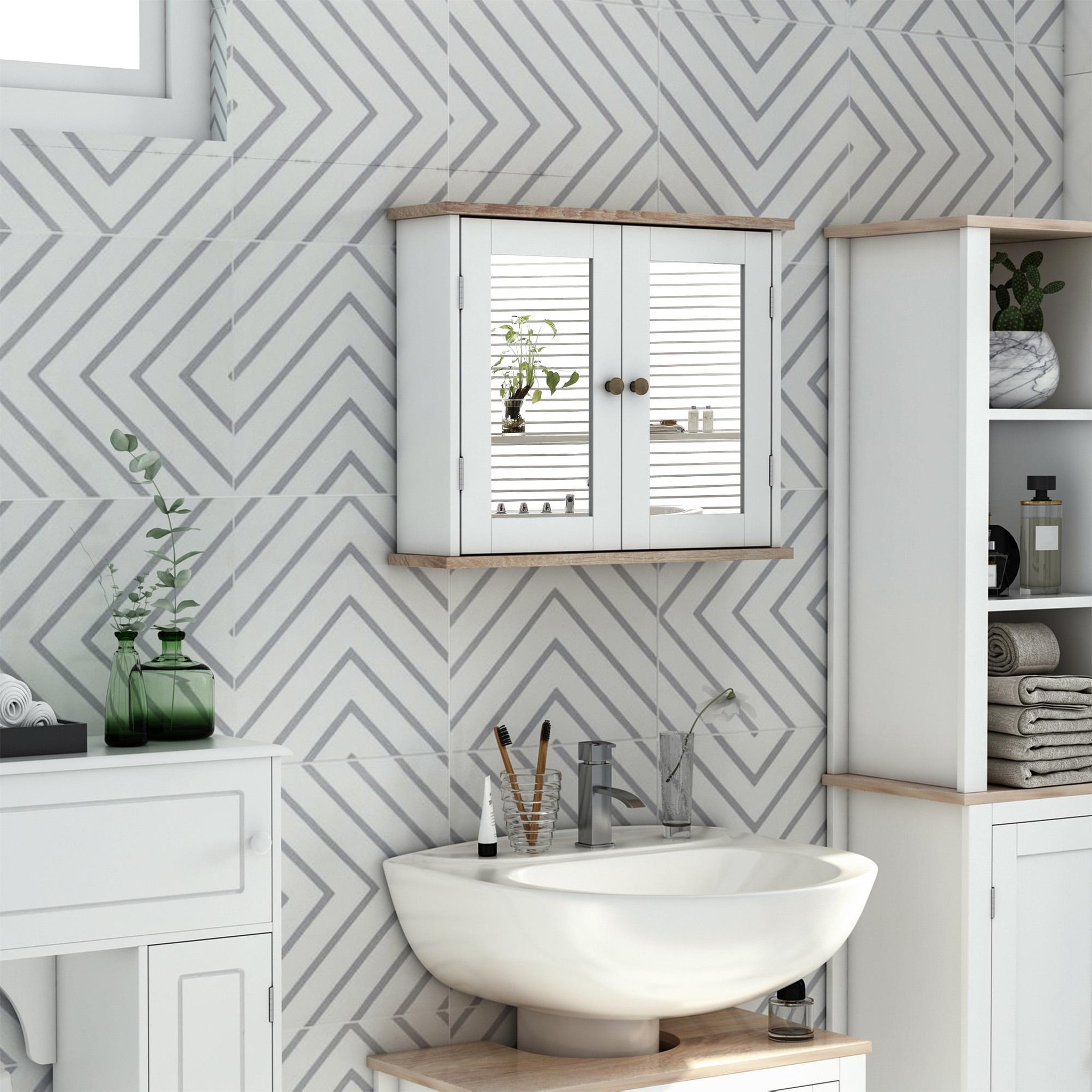 Voir la diapositive 2 : HOMCOM Armoire murale de salle de bain avec étagère réglable et 2 portes avec miroir en mdf - dim. 56i x 14p x 46h cm