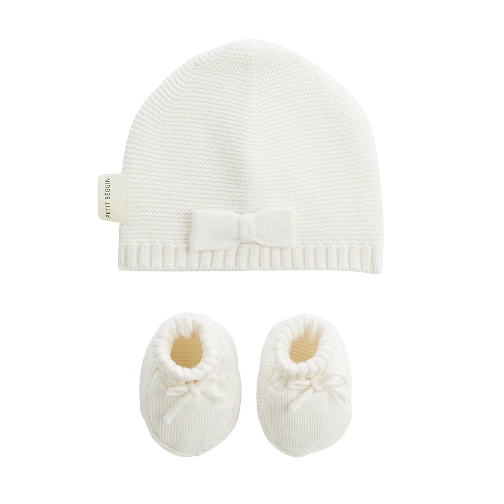Petit Béguin Turban bébé et chaussons en tricot hello baby. Coloris disponibles : Beige