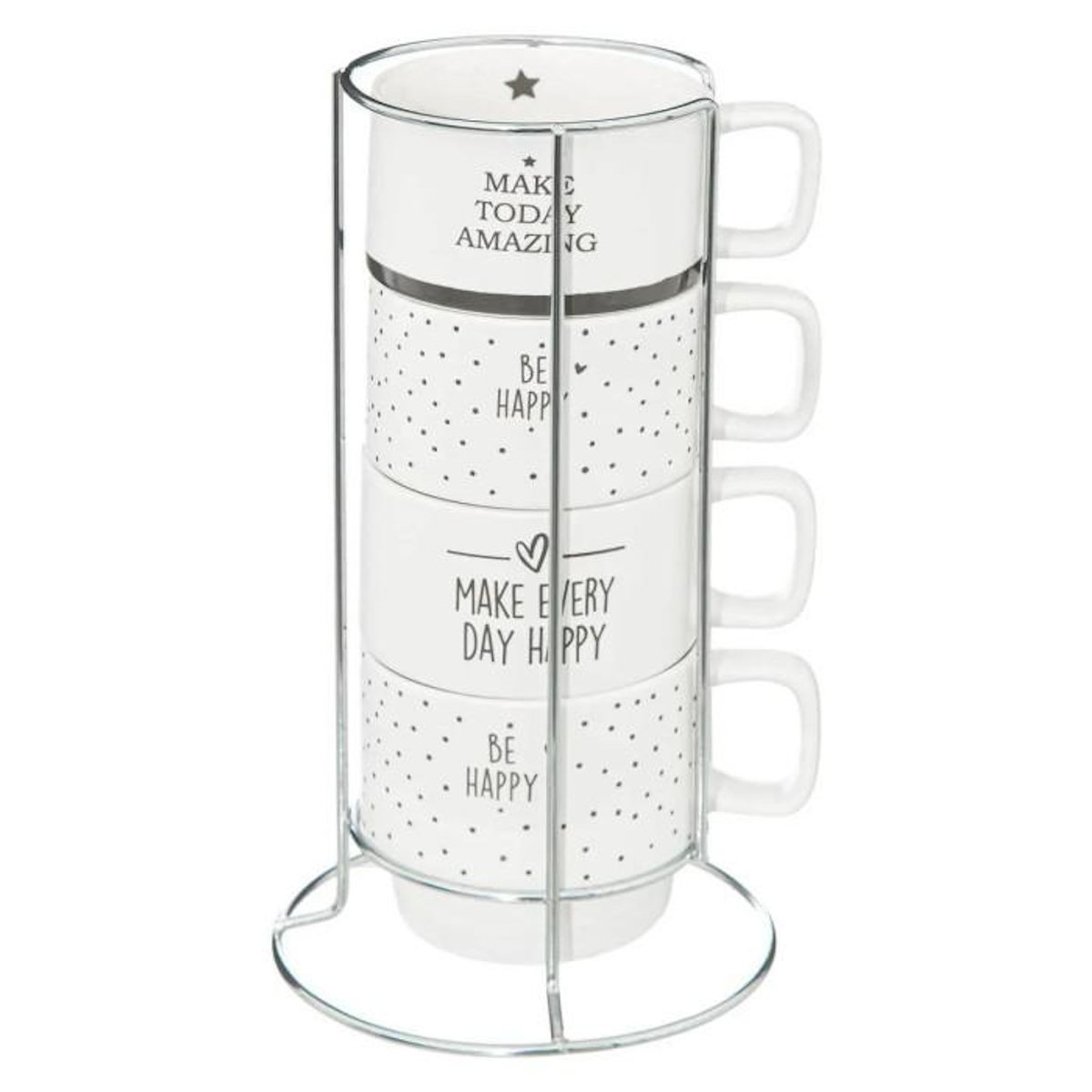 SECRET DE GOURMET Lot de 4 Mugs sur Rack  Happy  22cl Blanc