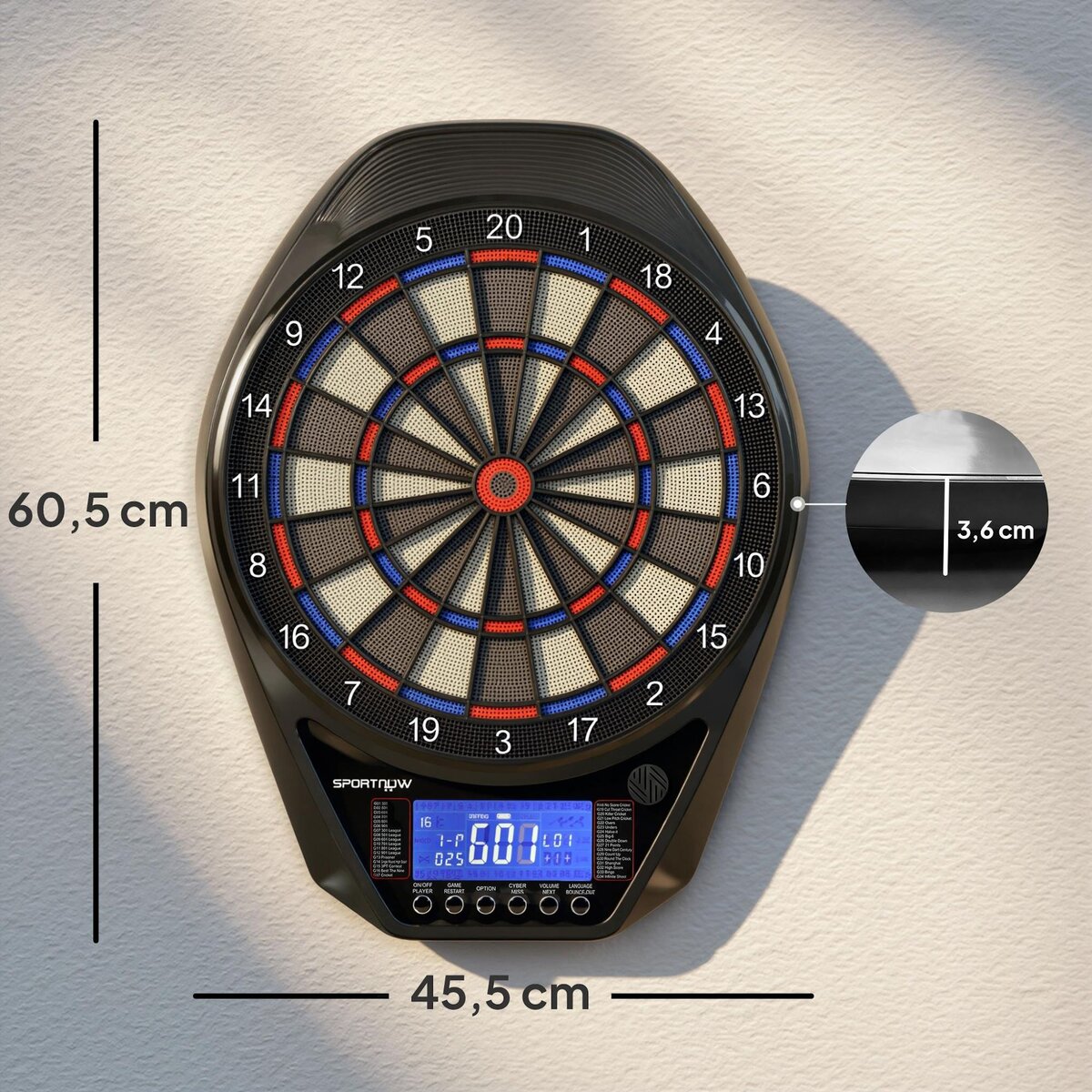 HOMCOM Cible jeu de fléchettes électronique 34 jeux jusqu'à 8 joueurs grand écran LED charge USB-C