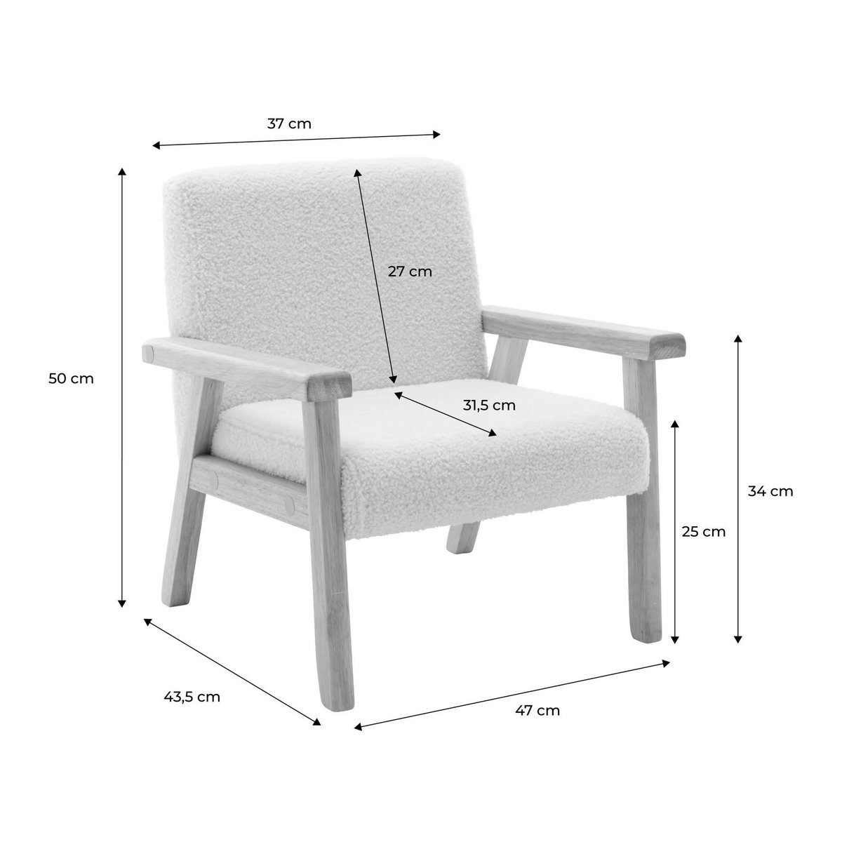 SWEEEK Fauteuil enfant en bois et tissu bouclette blanc. ISAK L 47 x P 43.5 x H 50cm
