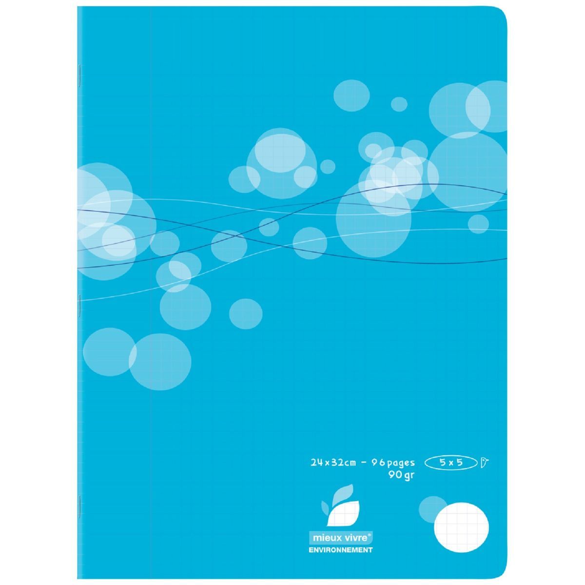 AUCHAN Cahier piqué polypro 24x32cm 96 pages petits carreaux 5x5 bleu motif ronds