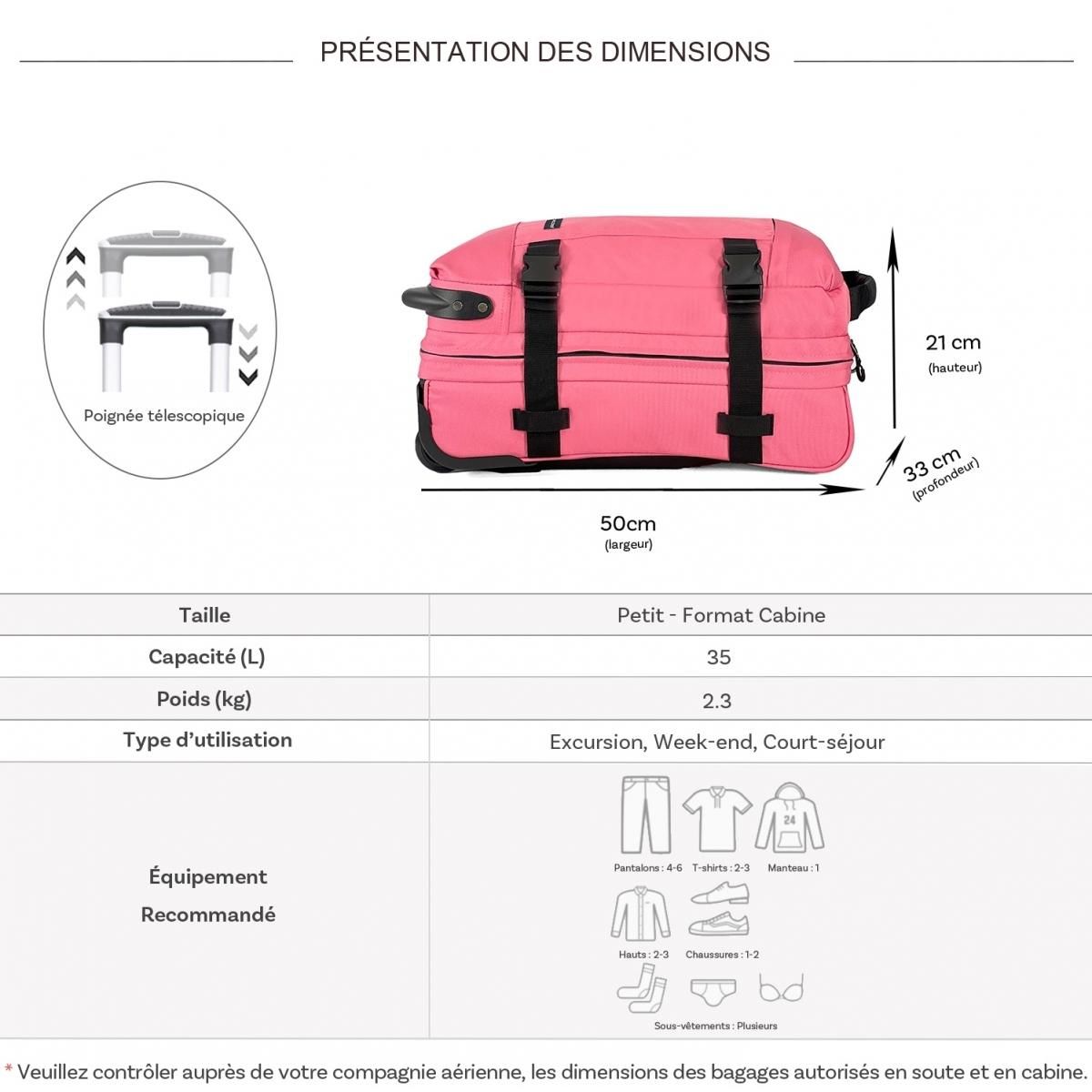 David Jones Sac de voyage cabine à roulettes 35L double compartiment 50cm