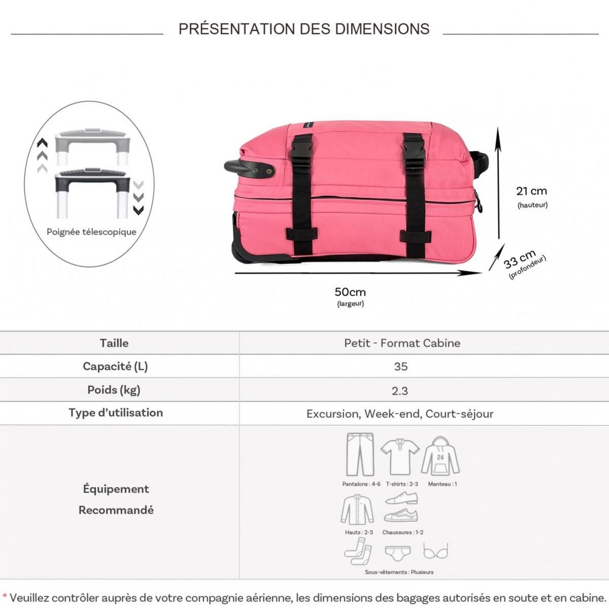 David Jones Sac de voyage cabine à roulettes 35L double compartiment 50cm