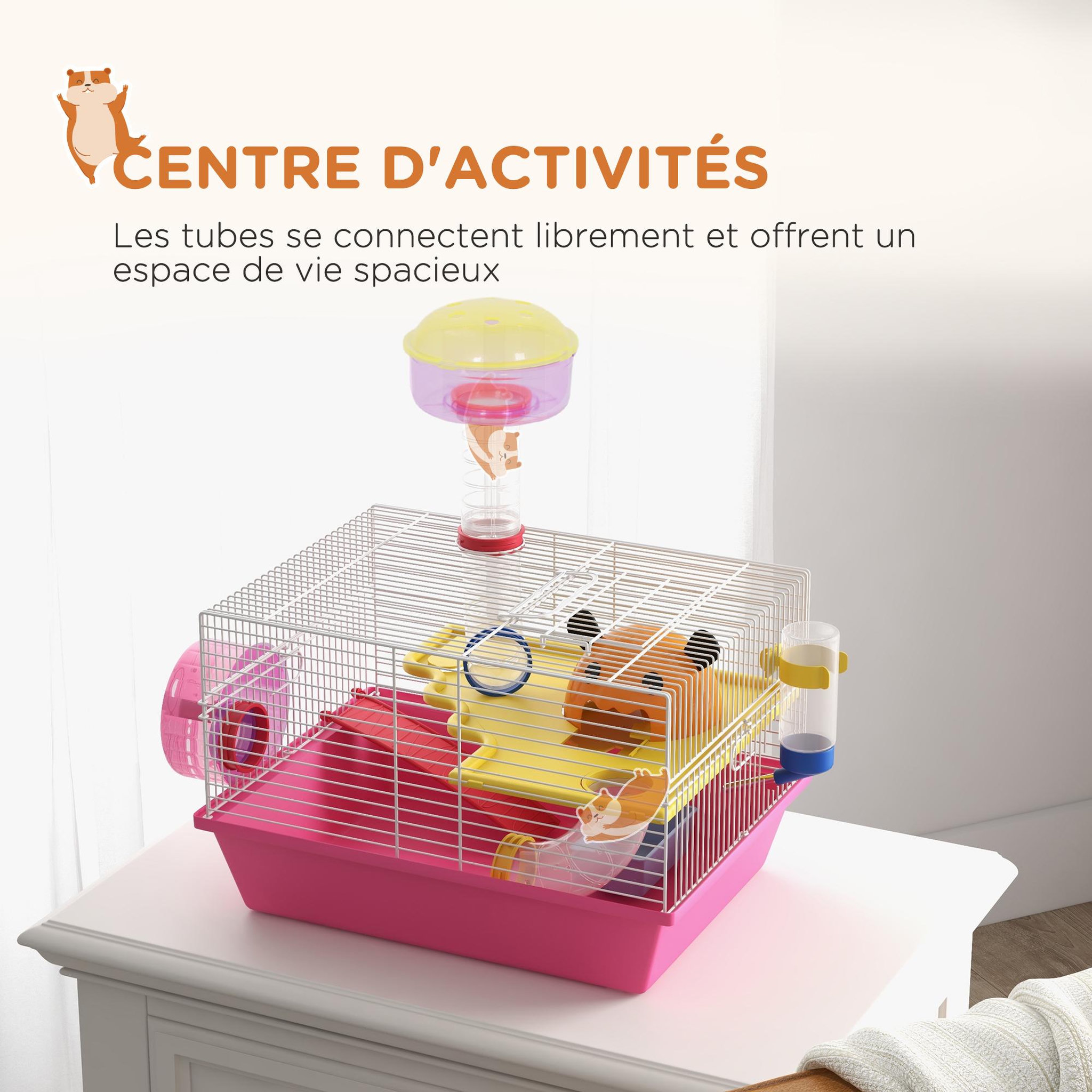 Voir la diapositive 4 : PAWHUT Cage à hamster rat rongeur - plateforme, biberon eau, roue, maisonnette, tubes - acier blanc PP rose
