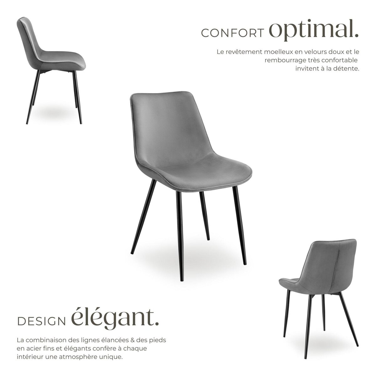 tectake Lot de chaises rembourrées aspect velours gris Lot de 4