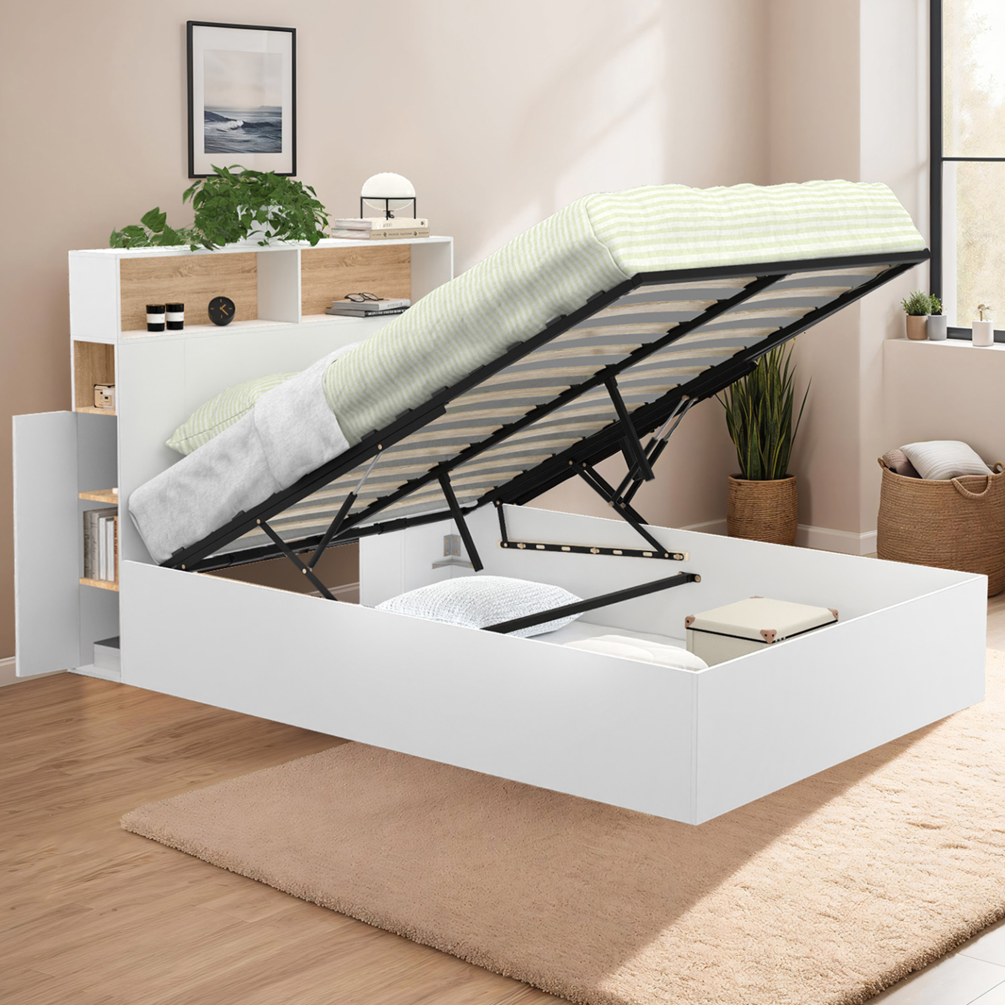 Voir la diapositive 2 : ID MARKET Lit coffre double clyde avec tête de lit + rangements et sommier 140 x 190 cm blanc et façon hêtre