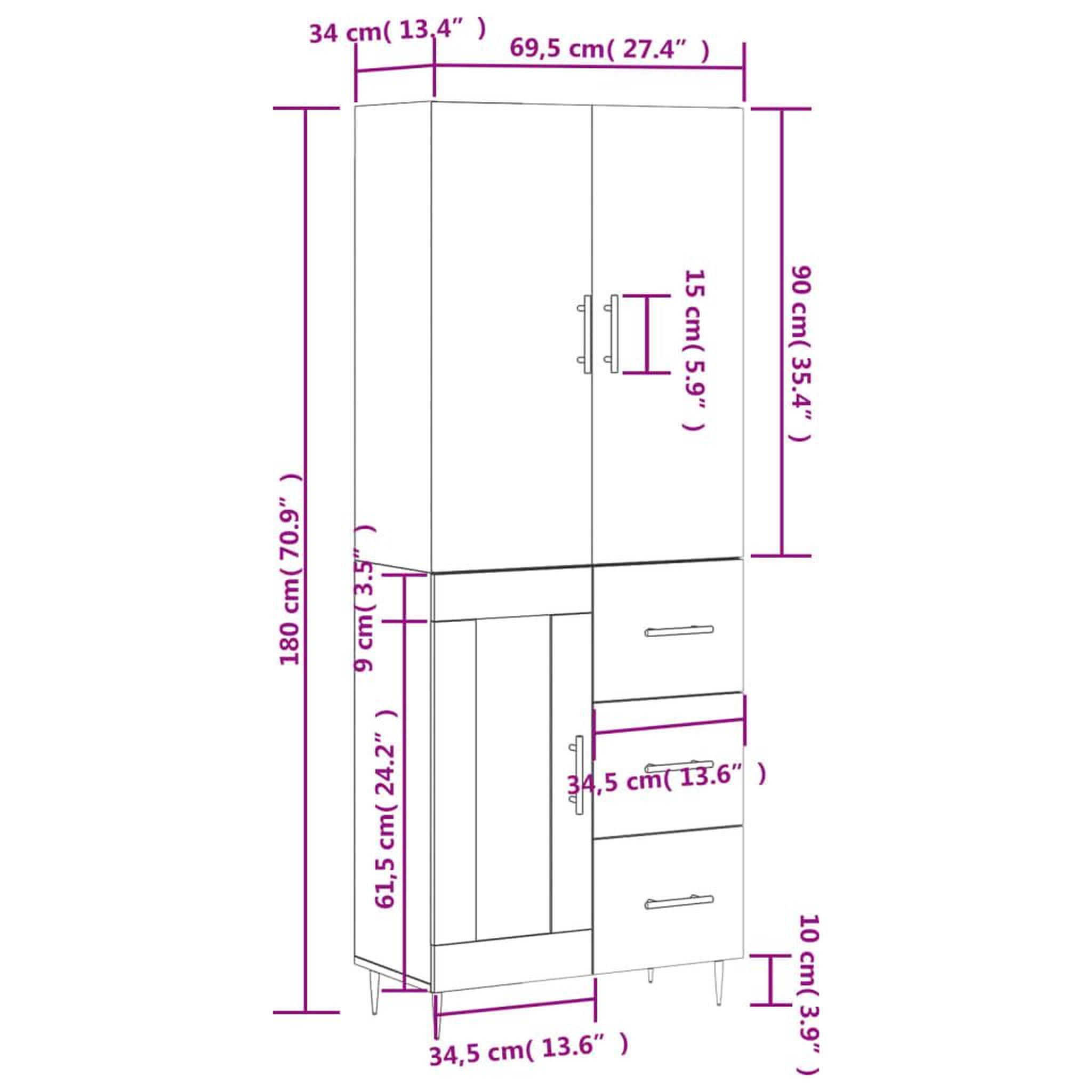 Voir la diapositive 6 : VIDAXL Buffet haut Sonoma gris 69,5x34x180 cm Bois d'ingenierie