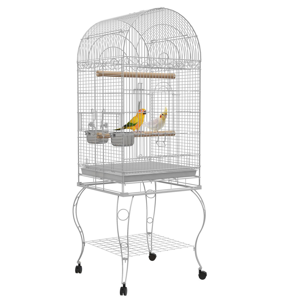 PAWHUT Cage à oiseaux volière sur roulettes - étagère, grille, plateau amovible, 2 bols acier inox, perchoir - acier blanc