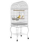 PAWHUT Cage à oiseaux volière sur roulettes - étagère, grille, plateau amovible, 2 bols acier inox, perchoir - acier blanc