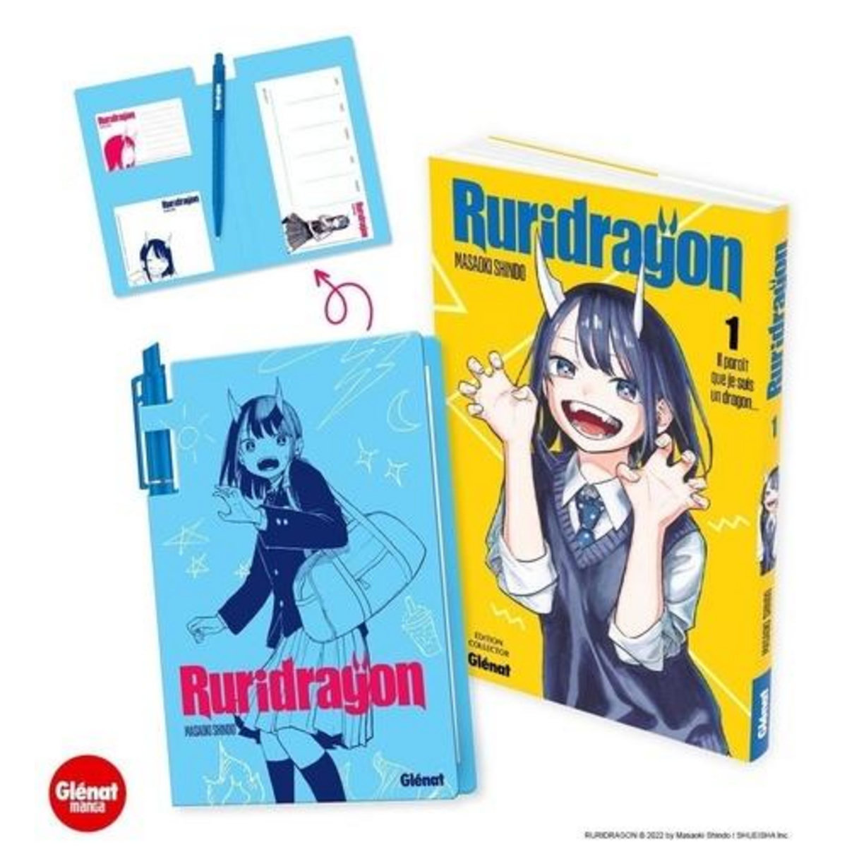 RURIDRAGON TOME 1 : IL PARAIT QUE JE SUIS UN DRAGON... AVEC 1 JAQUETTE ALTERNATIVE, 1 ILLUSTRATION EXCLUSIVE DE L'AUTEUR, 1 CARNET SEMAINIER ET 1 STYLO, EDITION COLLECTOR, Shindo Masaoki