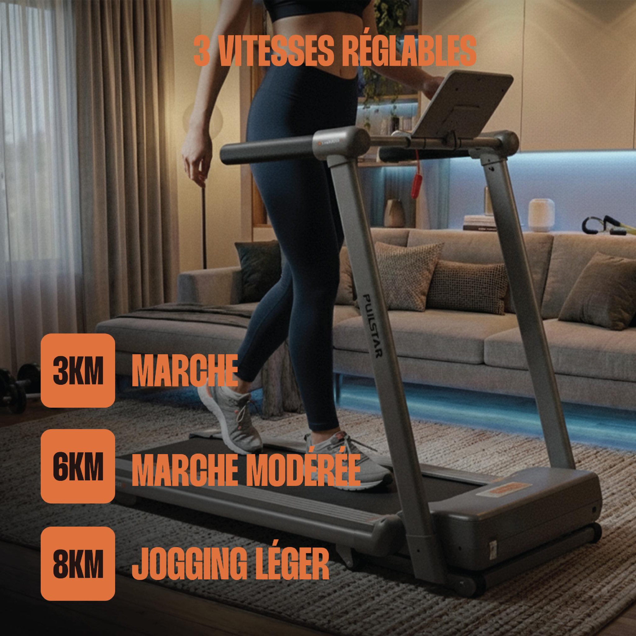 Voir la diapositive 3 : Storex Tapis de marche pulster pliable – 1 à 8 km/h, inclinaison 6°, écran led, compact 11,2 cm, télécommande & support smartphone