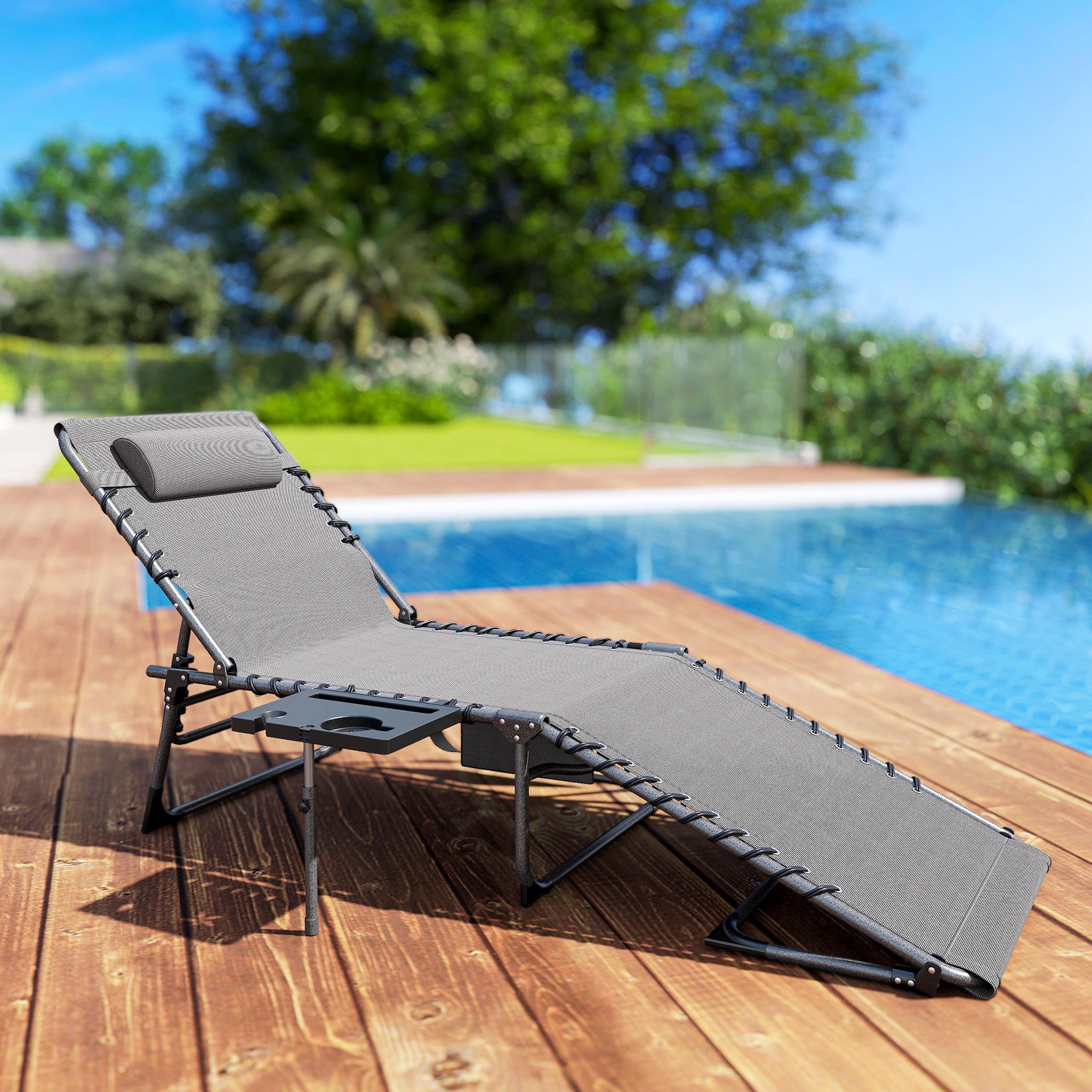 Voir la diapositive 2 : OUTSUNNY Bain de soleil transat pliable inclinable avec poignée, plateau et pochette rangement acier oxford gris