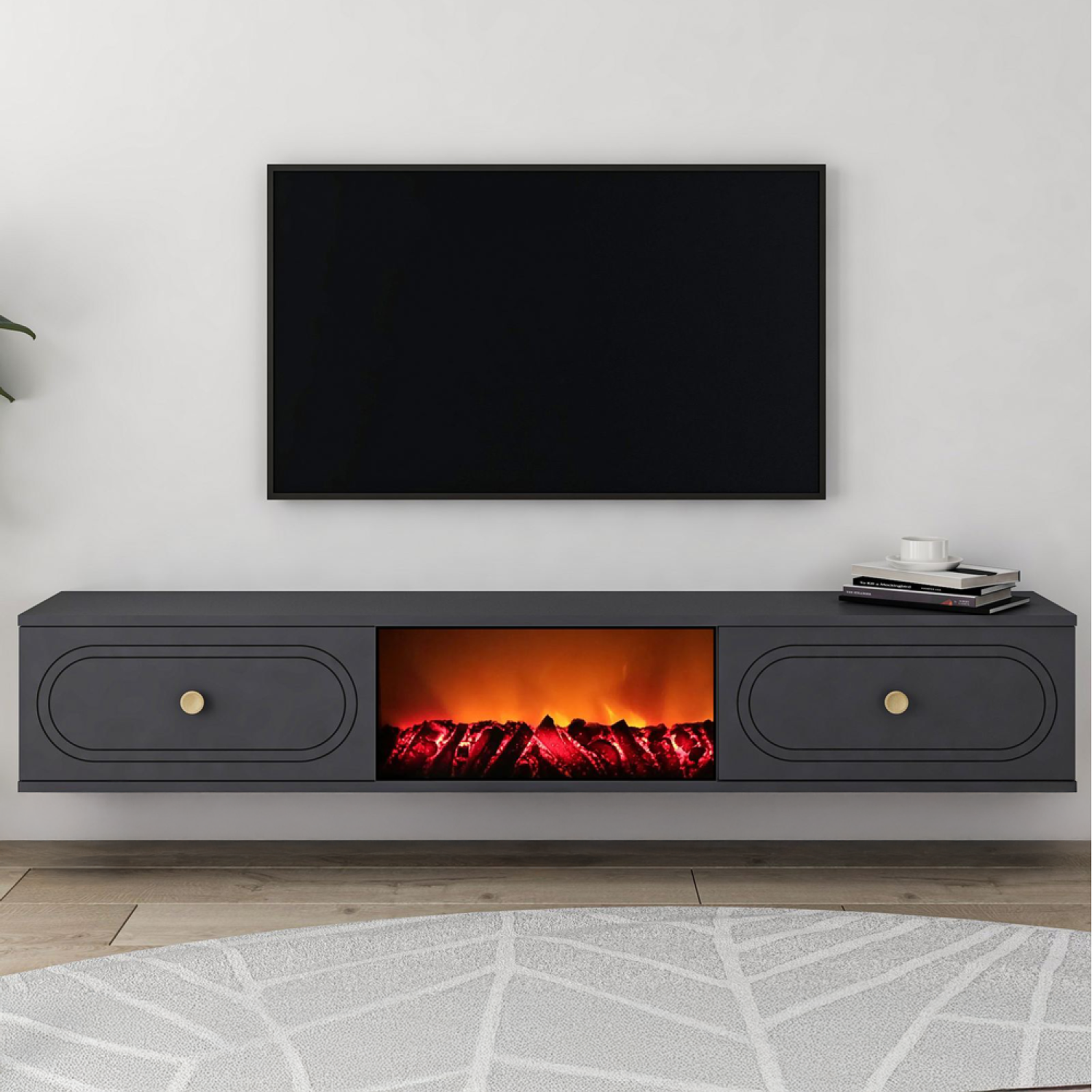 Voir la diapositive 2 : CONCEPT USINE Meuble tv avec cheminée led 150cm gris anthracite fyri