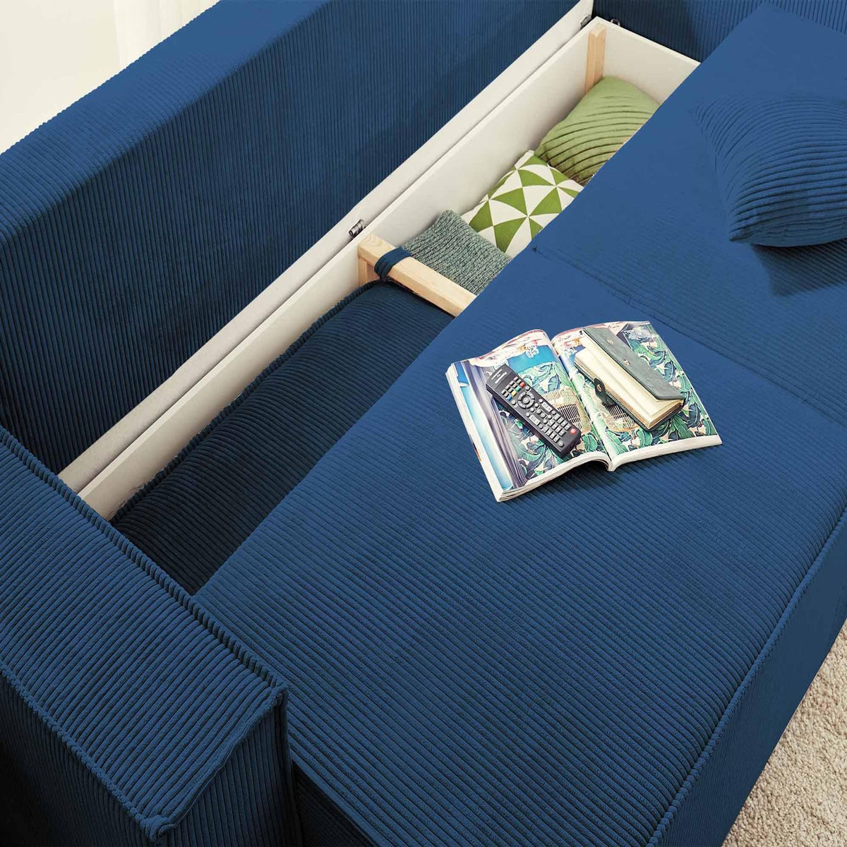 BEST MOBILIER Dellia - canapé 3 places convertible - avec coffre - en velours côtelé - style contemporain