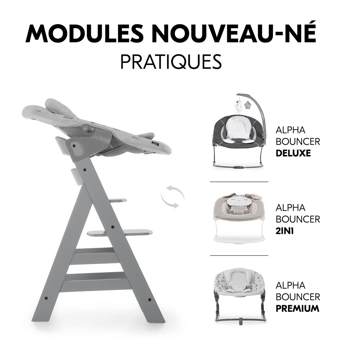 HAUCK Chaise haute Alpha+B Gris + Coussin réducteur de chaise haute en bois Alpha Cosy Comfort Stretch Gris