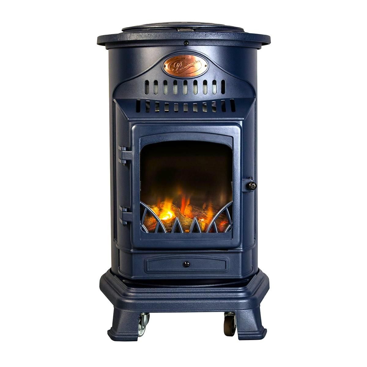 SAHARA Poele à gaz 3400W Bleu Nuit Effet poêle à bois Fonte véritable + Tuyau gaz + détendeur butane Provence Sahara