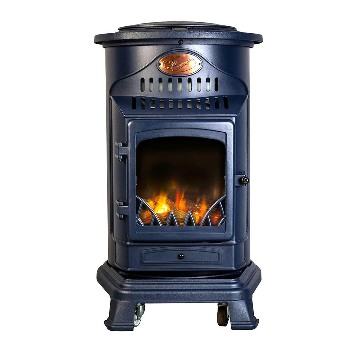 SAHARA Poele à gaz 3,4KW Bleu Marine Effet poêle à bois Fonte véritable + Tuyau gaz + détendeur butane Provence Sahara