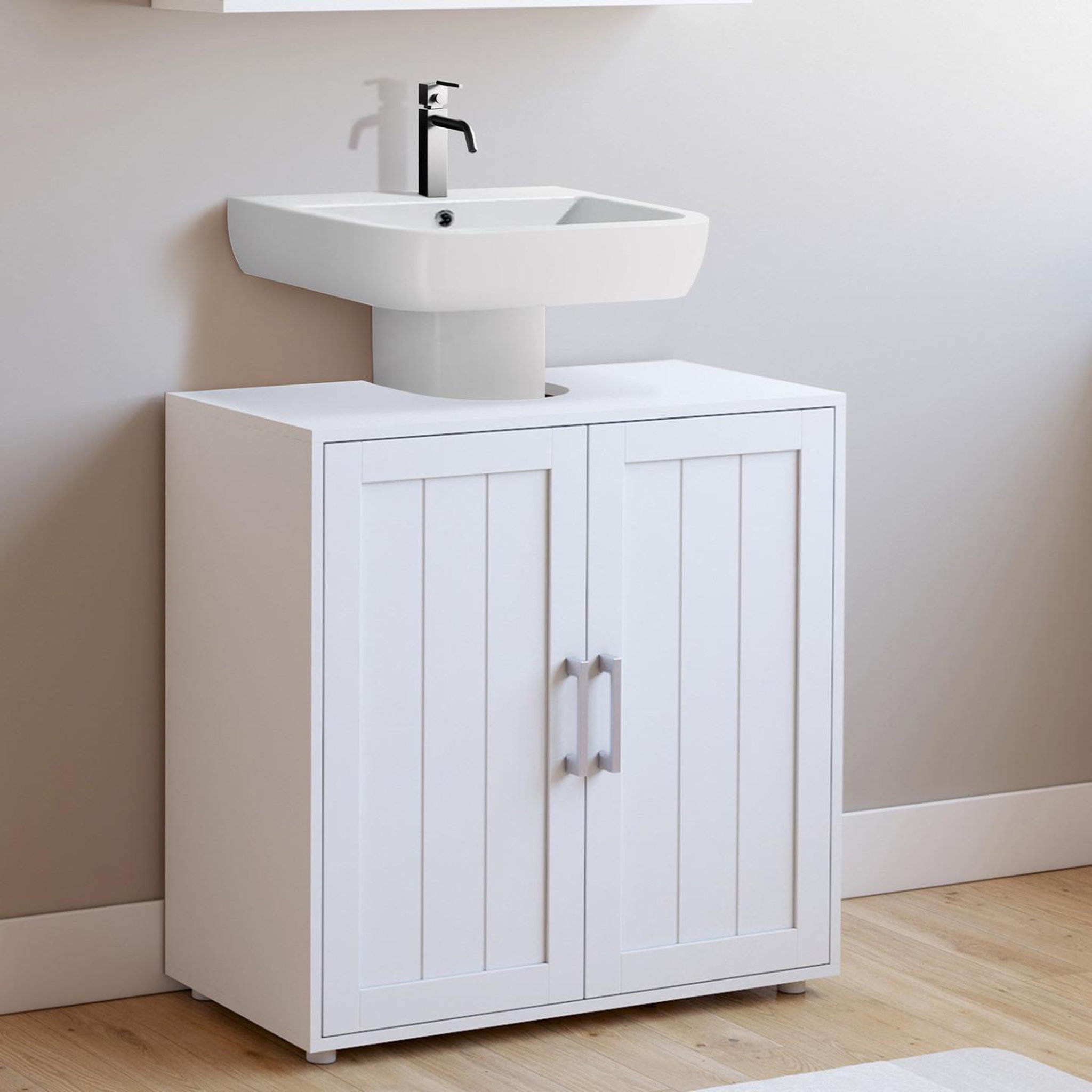 Voir la diapositive 2 : ID MARKET Meuble sous lavabo salle de bain waldo bois blanc
