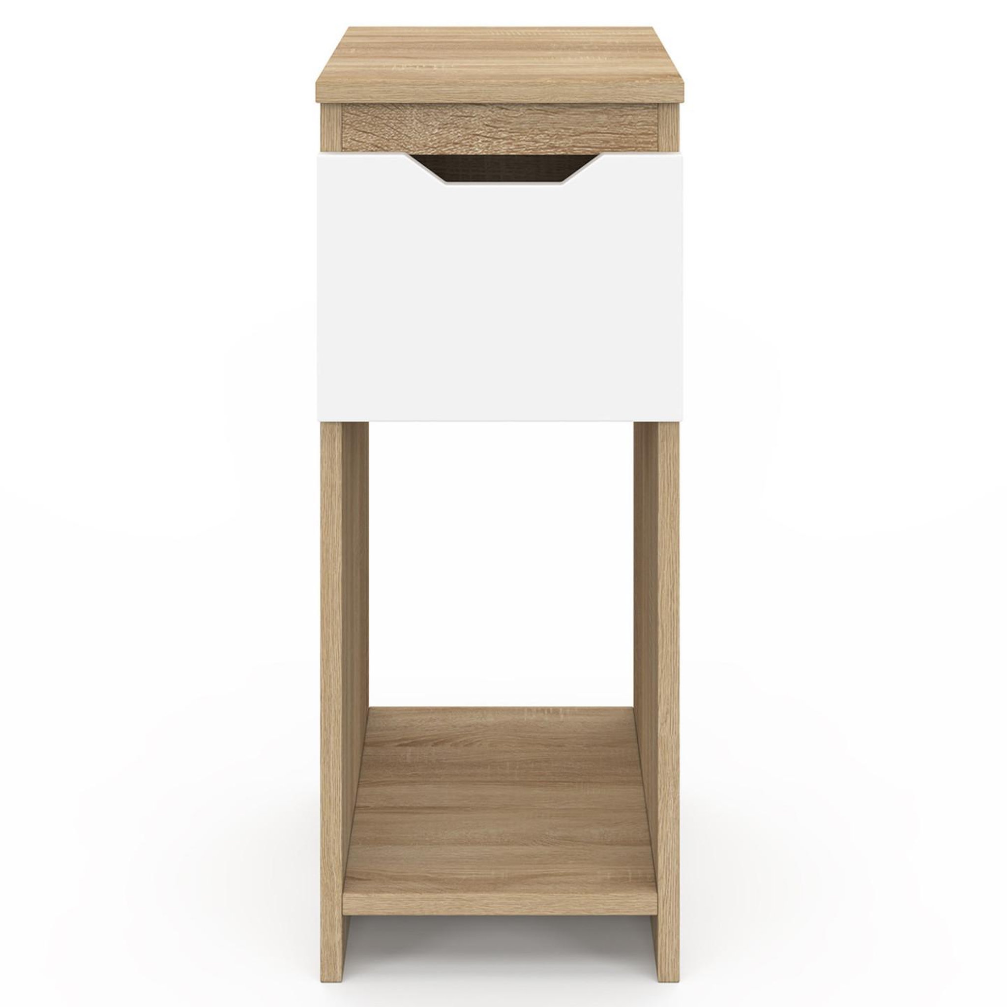 Voir la diapositive 3 : ID MARKET Lot de 2 tables de chevet étroites ANOUK 1 tiroir avec niche bois façon hêtre et blanc