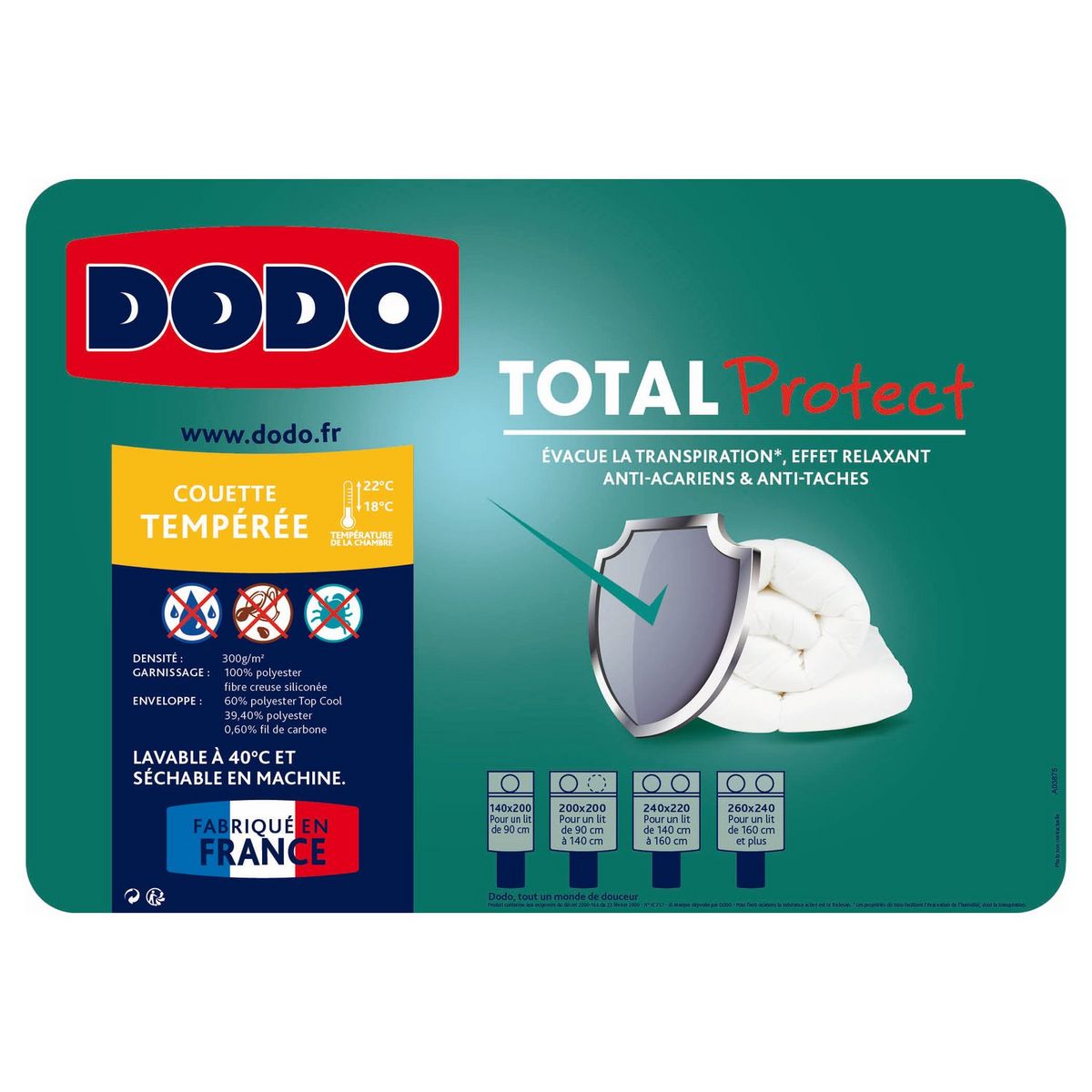 DODO Couette tempérée unie en polyester 300 g/m² TOTAL PROTECT