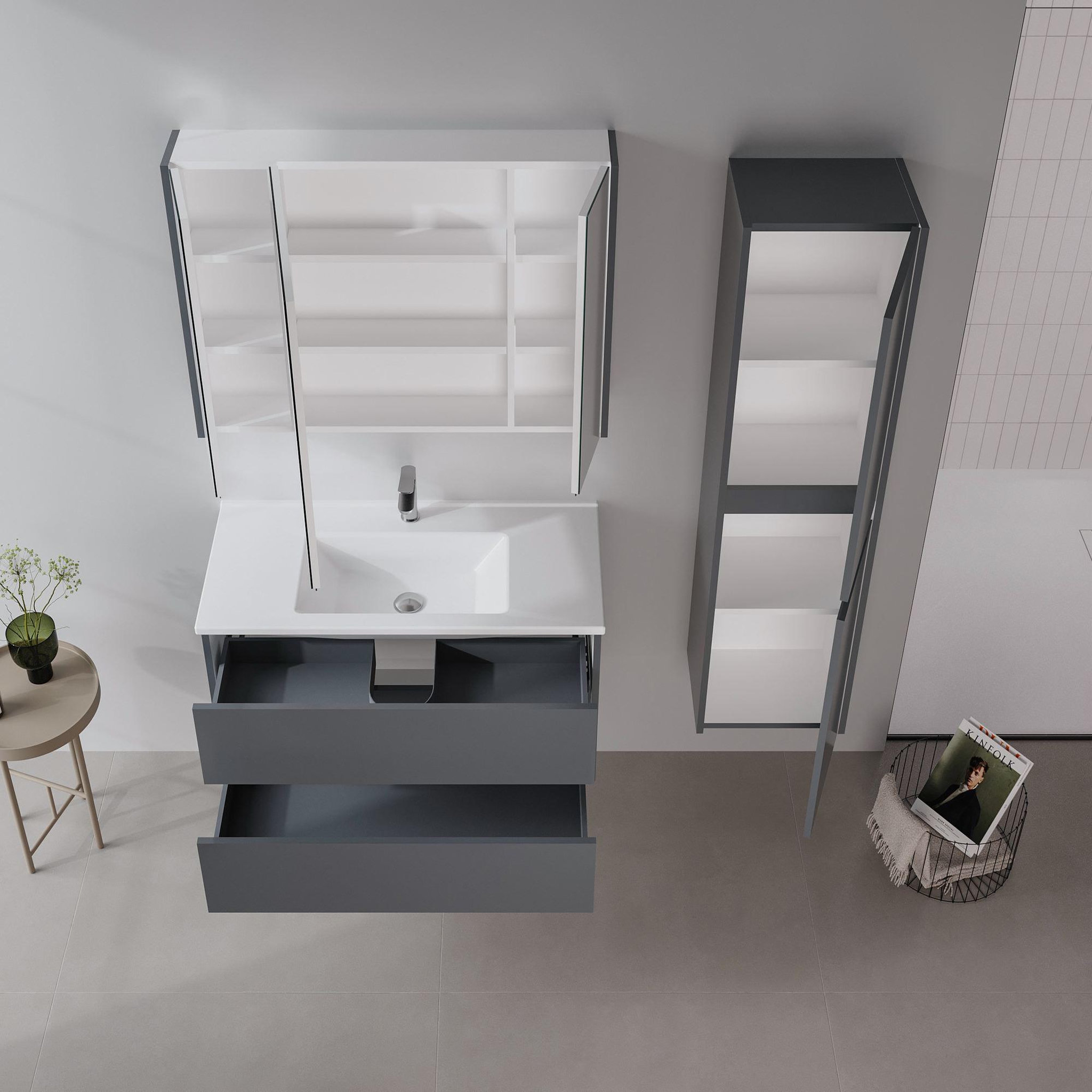 Voir la diapositive 3 : Habitat et Jardin Meuble Salle de Bain avec Miroir  Arno 100  - 100 x 16 x 66 cm - Grey / Anthracite