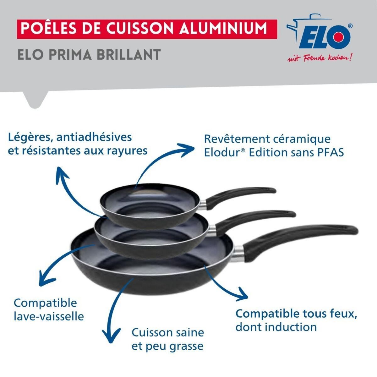 ELO Ensemble de 3 Poêles de cuisson 20, 24 et 32 cm et 2 faitouts 14 et 24 cm Elo Prima Brillant
