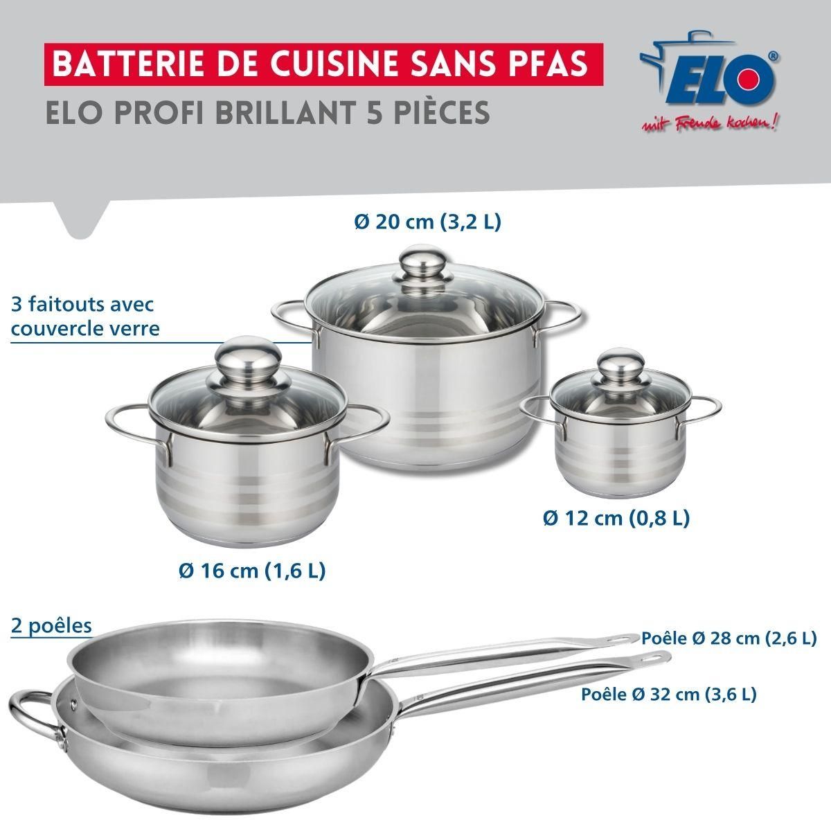 ELO Ensemble de 2 Poêles de cuisson 28 et 32 cm et 3 faitouts 12, 16 et 20 cm Elo Profi Brillant