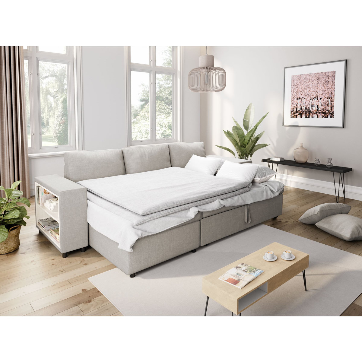 Canapé d'angle convertible avec coffre 3 places + 2 poufs à droite et étagère à gauche MACHA