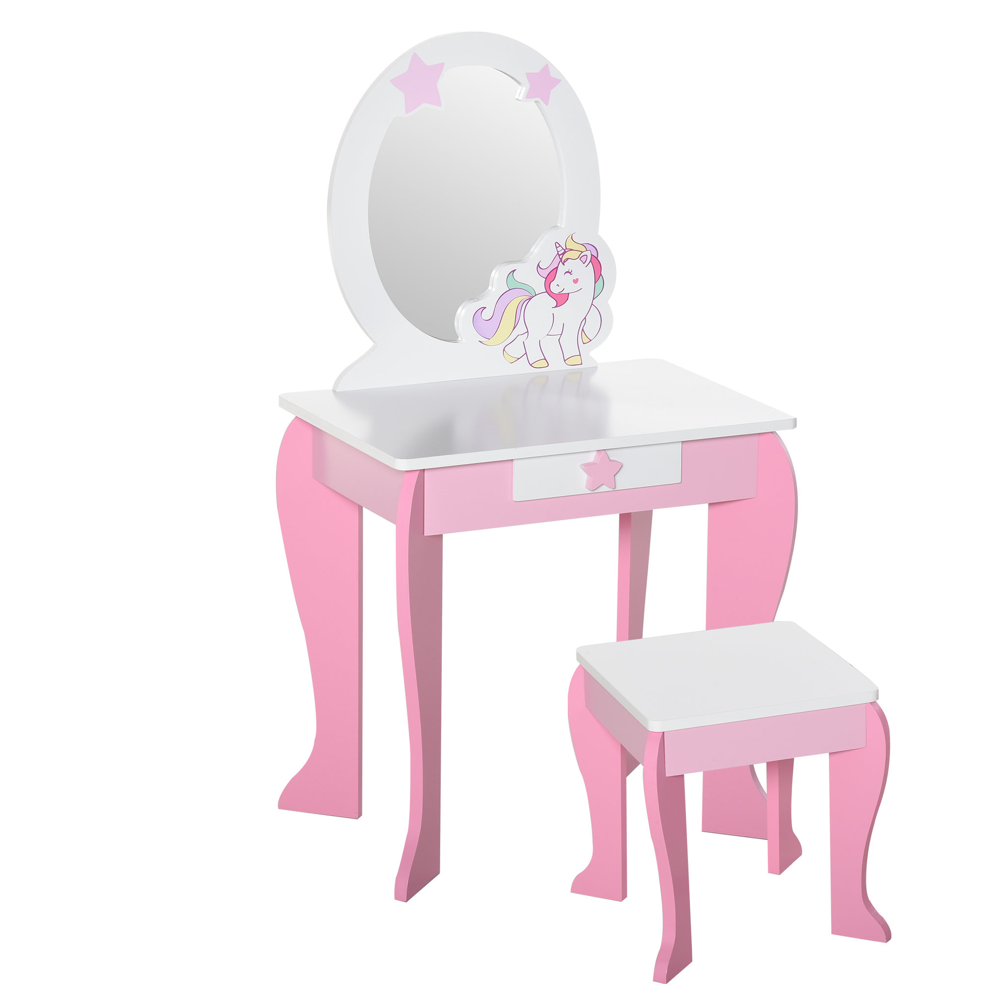 Voir la diapositive 1 : HOMCOM Coiffeuse enfant design licorne - tabouret inclus - dim. 49L x 34l x 90H cm - tiroir, miroir - MDF - rose blanc