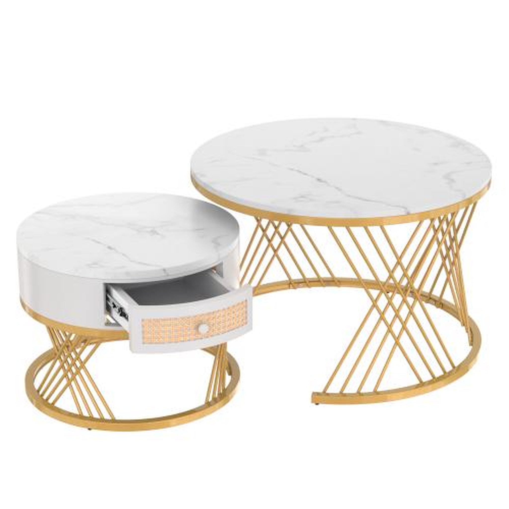 MERAX Table basse gigogne ronde blanc+doré - 70x70 cm mdf