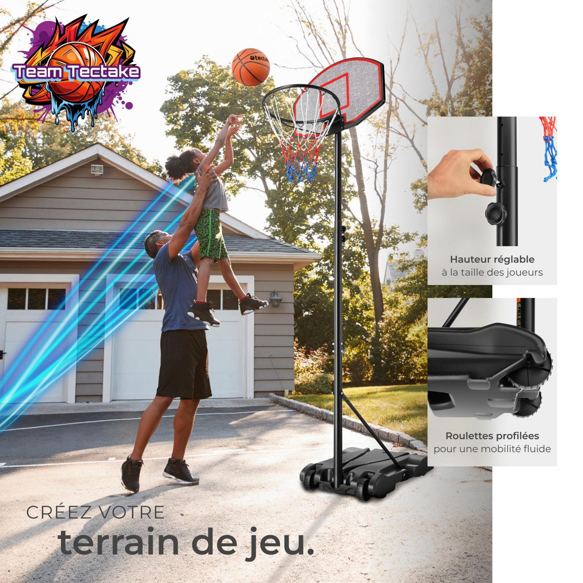 tectake Panier de basketball avec panneau et support noir