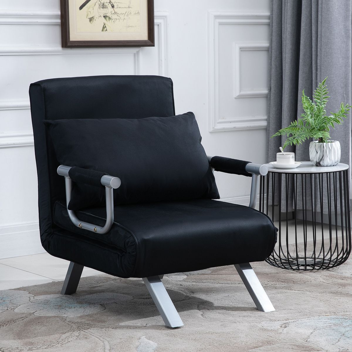 HOMCOM Fauteuil chauffeuse canapé-lit convertible 1 place déhoussable grand confort coussin pieds accoudoirs métal suède noir