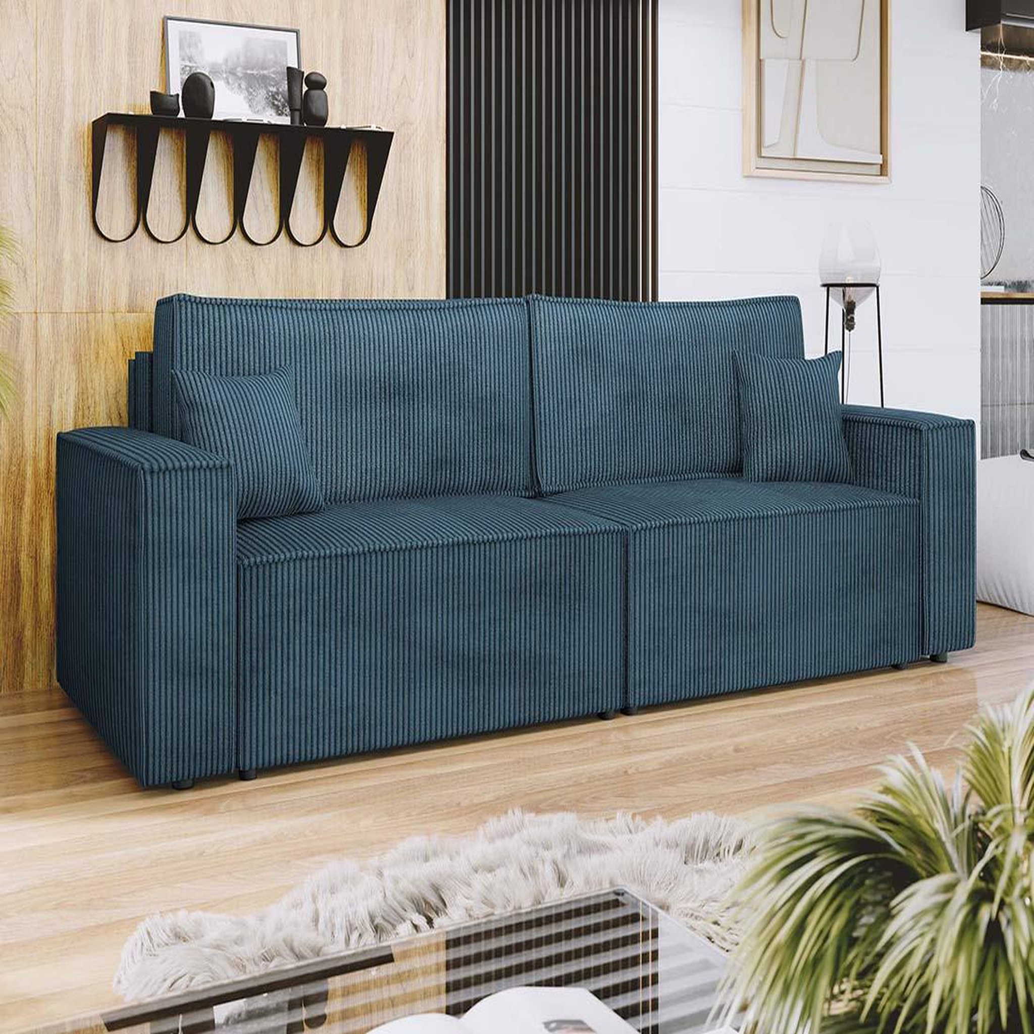 Voir la diapositive 1 : BEST MOBILIER Cezanne - canapé droit 3 places convertible avec coffre en velours côtelé
