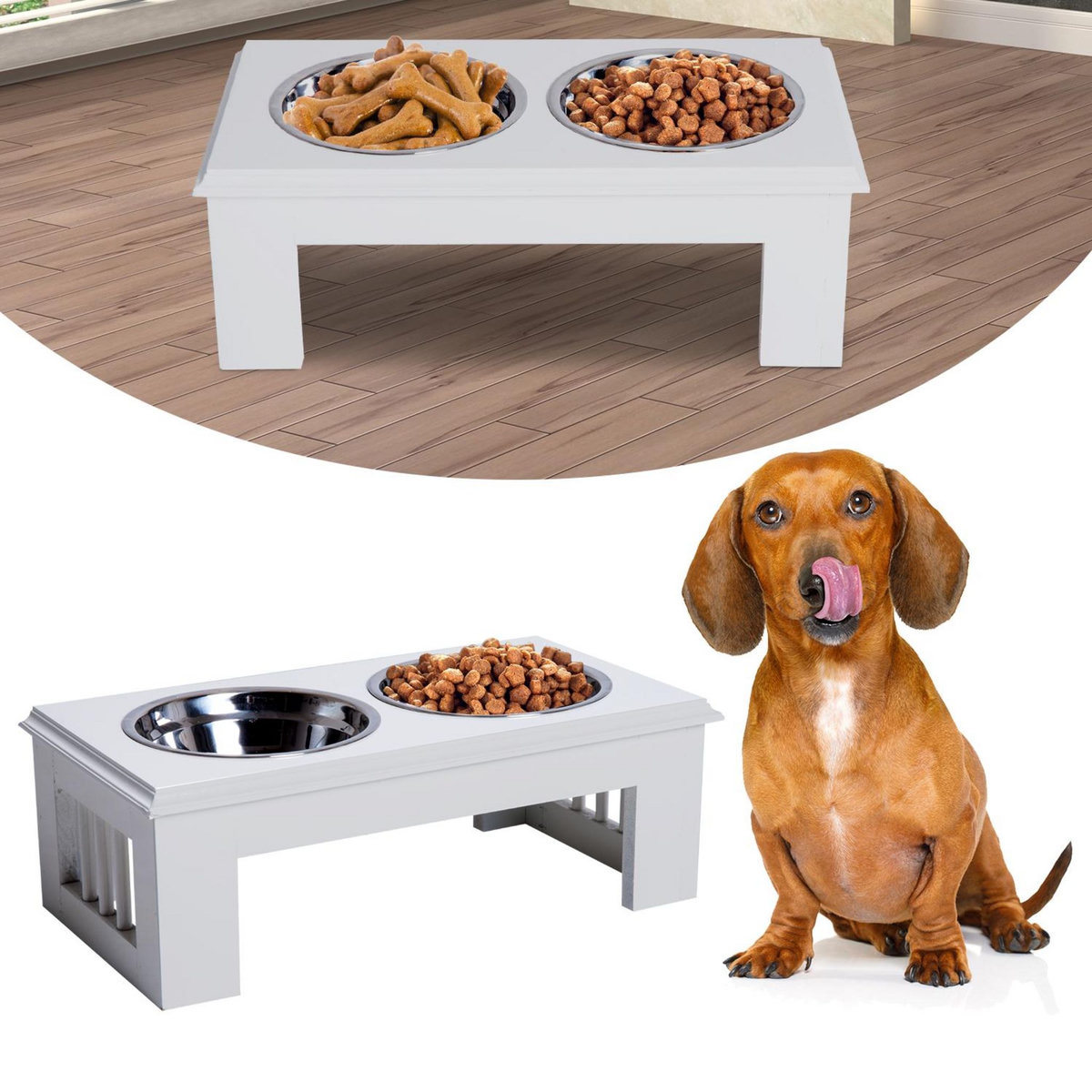PAWHUT Gamelle double chien chat Porte-gamelles surélevé dim. 44L x 24l x 15H cm 2 gamelles acier inox. incluses MDF