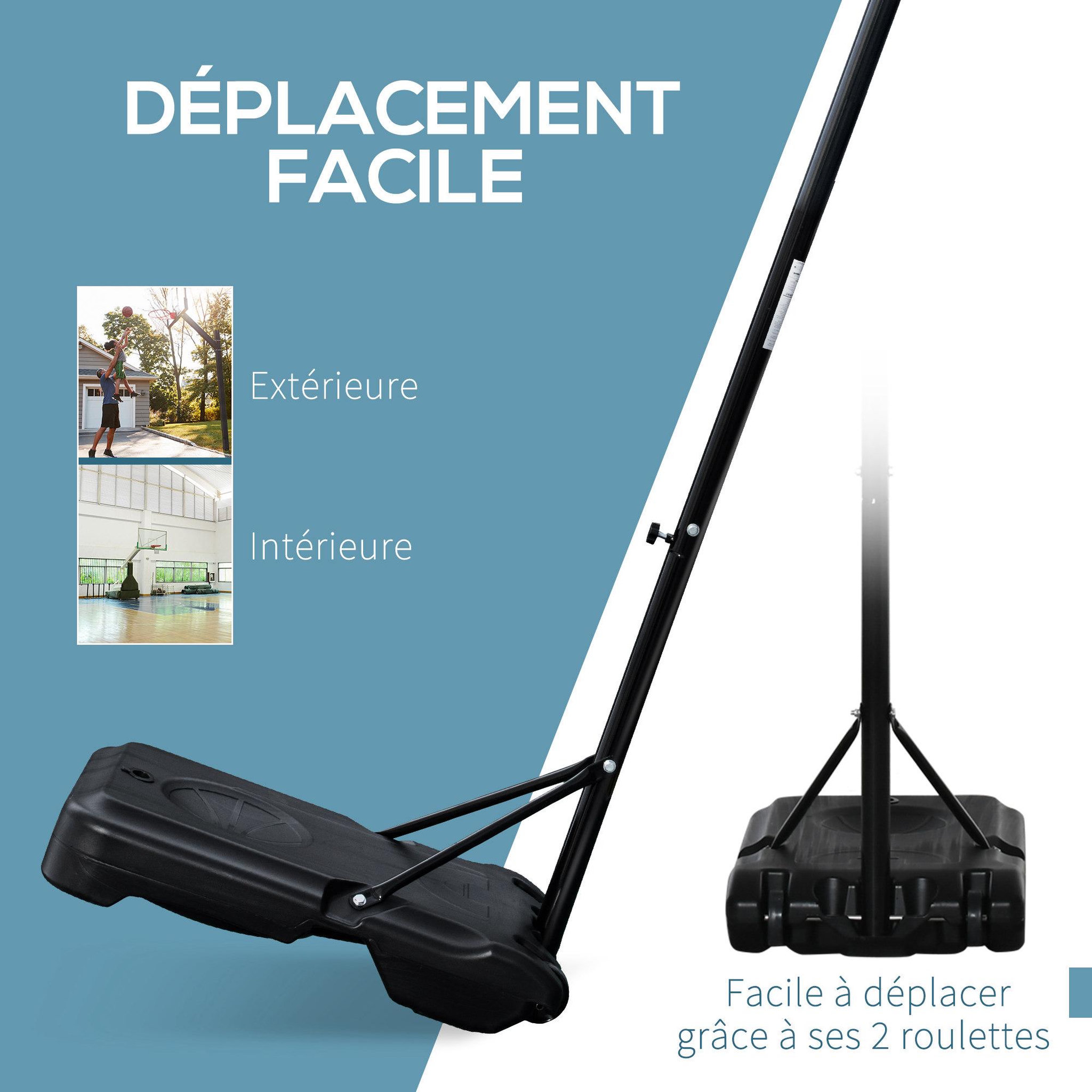 Voir la diapositive 6 : HOMCOM Panier de basket-ball sur pied avec poteau panneau - base de lestage sur roulettes - hauteur réglable 5 niveaux 2,45-2,95 m - acier hdpe noir blanc