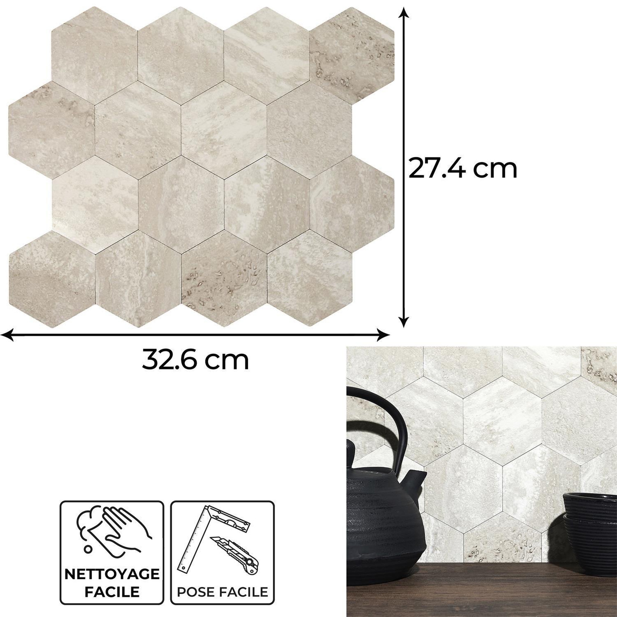 Voir la diapositive 3 : The Home Deco Factory Crédence adhésive hexagonale effet travertin - 32,6 x 27,4 cm - beige
