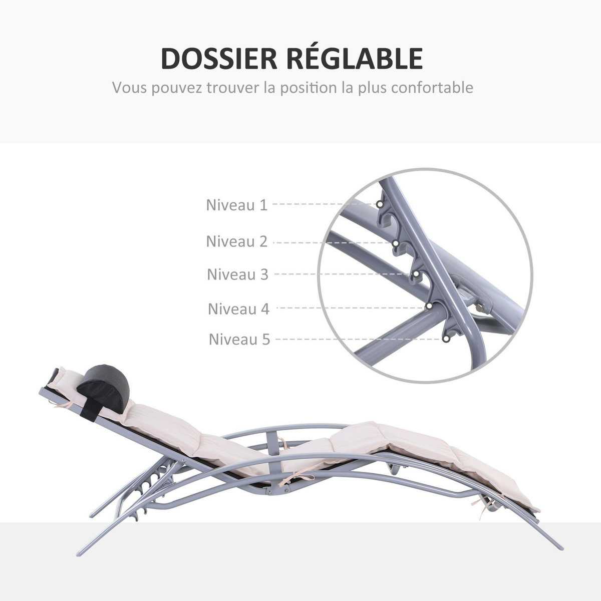 OUTSUNNY Bain de soleil transat design contemporain inclinable multi-positions avec matelas et tétière dim. 170L x 64l x 82H cm alu textilène beige